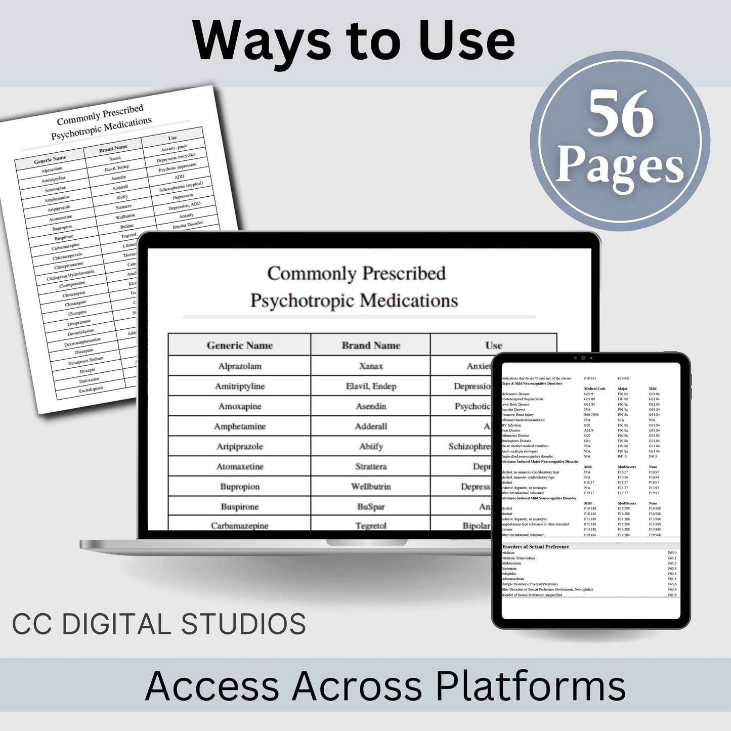 56 pages of mental health code reference sheets for common behavioral health material; ICD-10 Codes, DSM-5 Codes, CPT Codes, and Z codes. FREE commonly used medication lists and hotline numbers.
