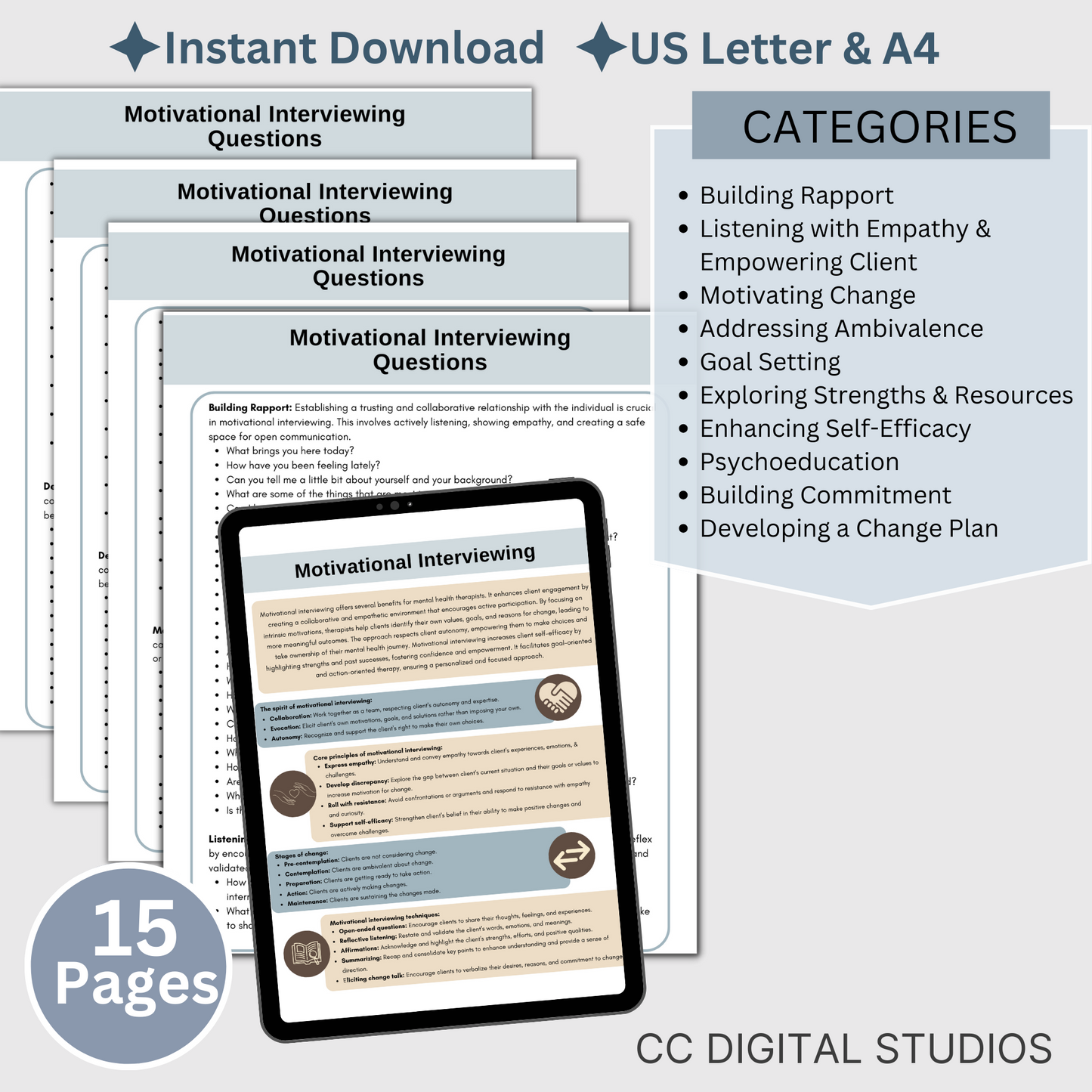 12 pages of therapy questions; 2 page cheat sheet for motivational interviewing. Unlock the power of motivational interviewing with this package designed specifically for therapists and mental health professionals.