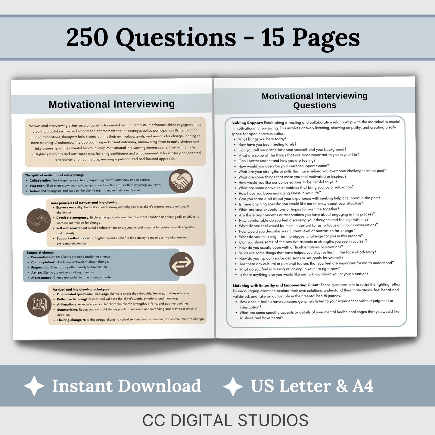 12 pages of therapy questions; 2 page cheat sheet for motivational interviewing. Unlock the power of motivational interviewing with this package designed specifically for therapists and mental health professionals.