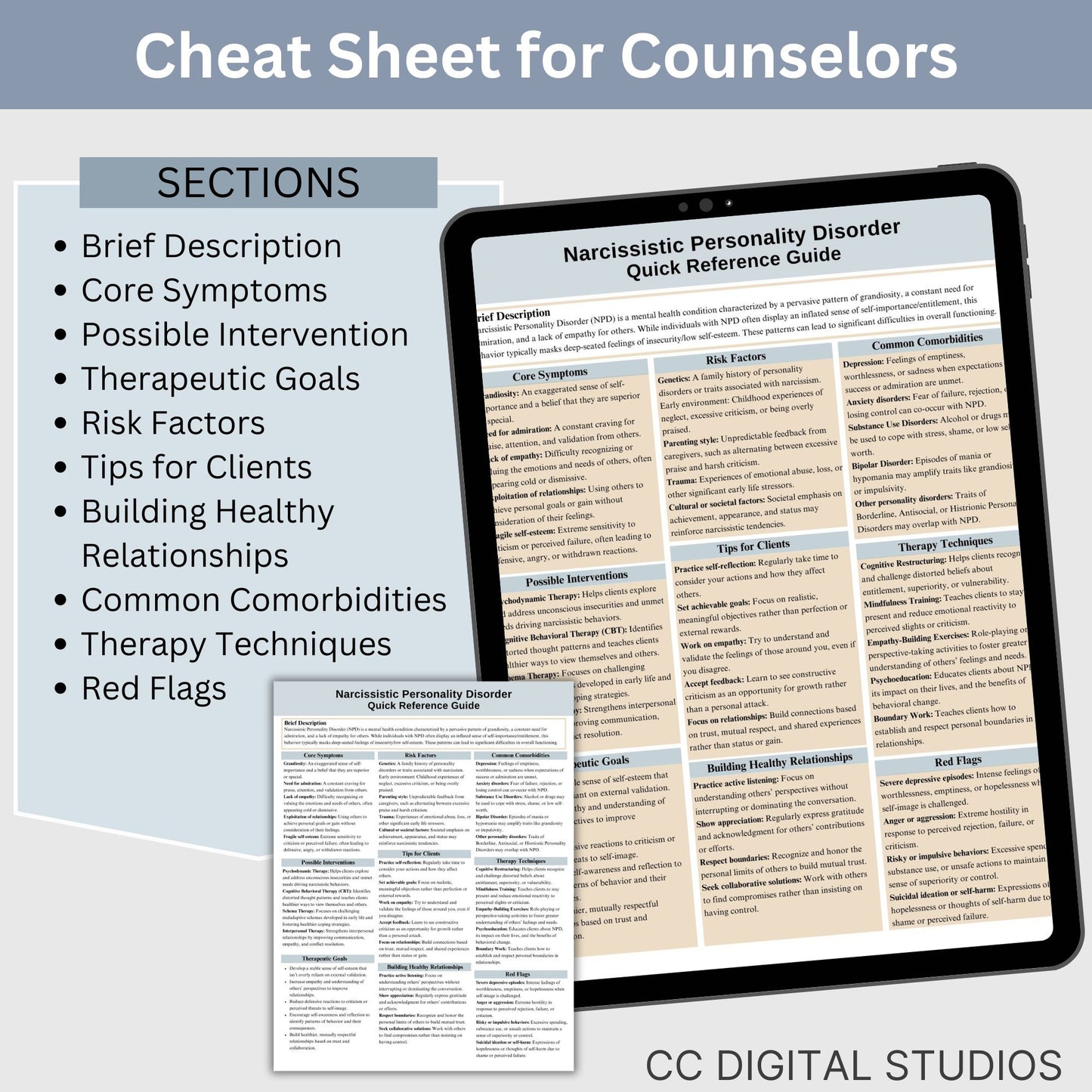 This 2-in-1 Narcissistic Personality Disorder Cheat Sheet is designed for both therapists and clients! It includes a therapist's quick reference guide and a client-friendly psychoeducational sheet, making it a valuable Narcissistic Personality Disorder therapy tool.