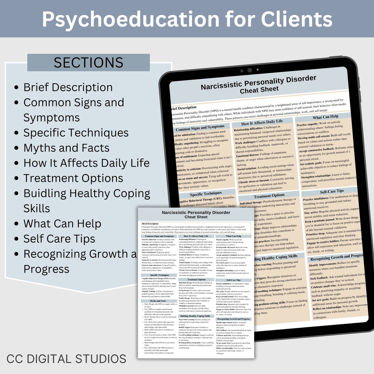 This 2-in-1 Narcissistic Personality Disorder Cheat Sheet is designed for both therapists and clients! It includes a therapist's quick reference guide and a client-friendly psychoeducational sheet, making it a valuable Narcissistic Personality Disorder therapy tool.