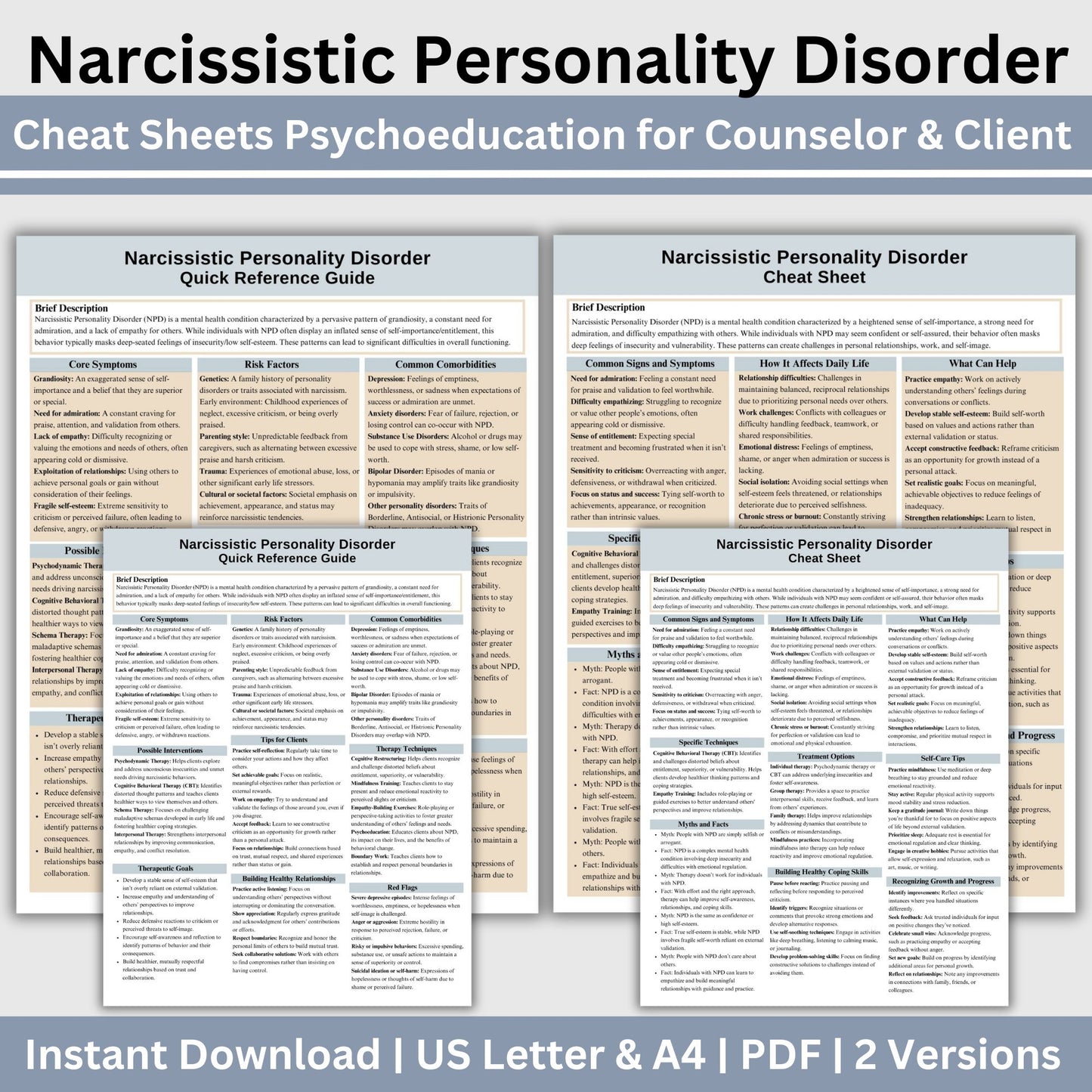 This 2-in-1 Narcissistic Personality Disorder Cheat Sheet is designed for both therapists and clients! It includes a therapist's quick reference guide and a client-friendly psychoeducational sheet, making it a valuable Narcissistic Personality Disorder therapy tool.