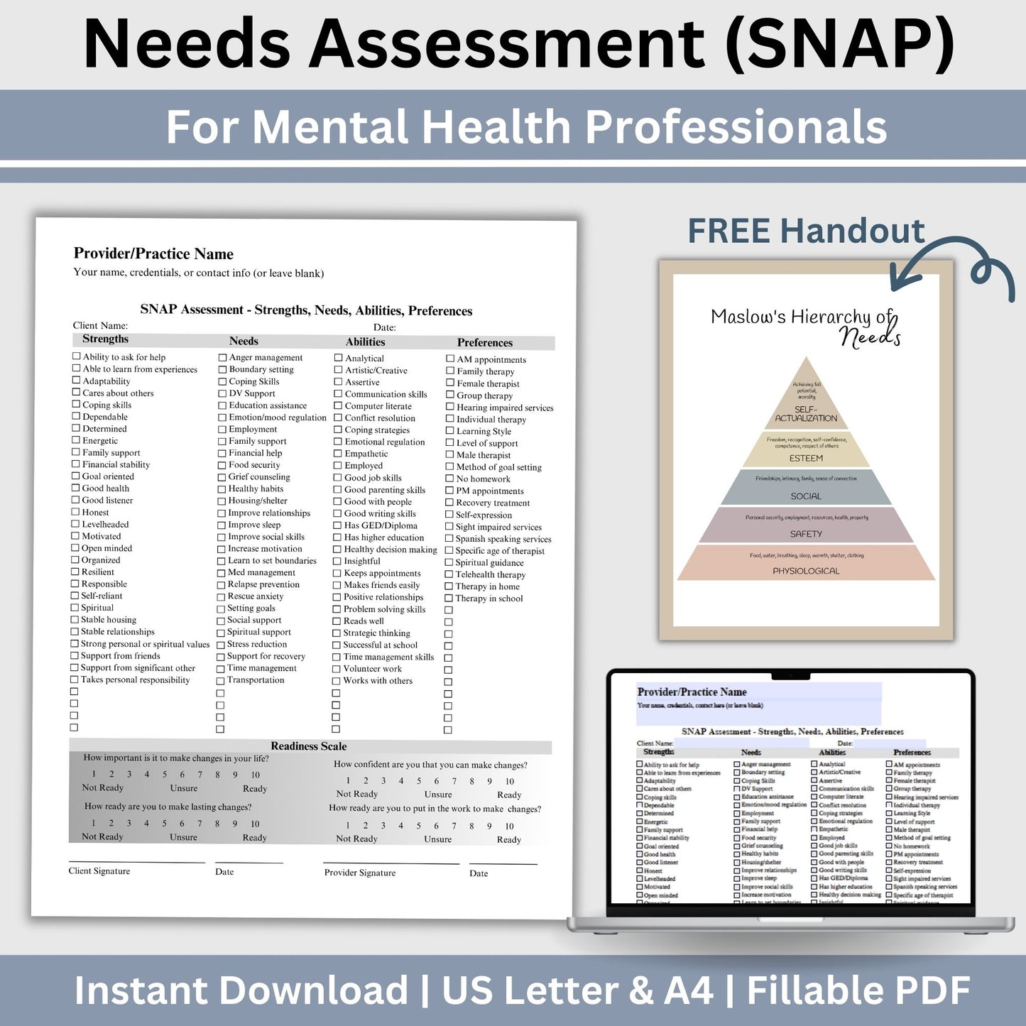 Needs Assessment (SNAP) to identify strengths, needs, abilities and preferences. Perfect for social workers, school counselors and therapist office. Free Maslows Hierarchy of Needs therapy poster