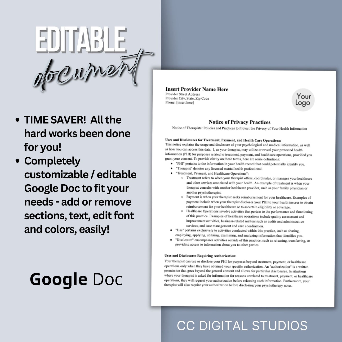 Easy-to-use Notice of Privacy Practices HPAA document. Notice of Privacy Practices for Minors Child Therapy, Google Doc, Client Intake Form, Psychology Office, Therapist Office Private Practice