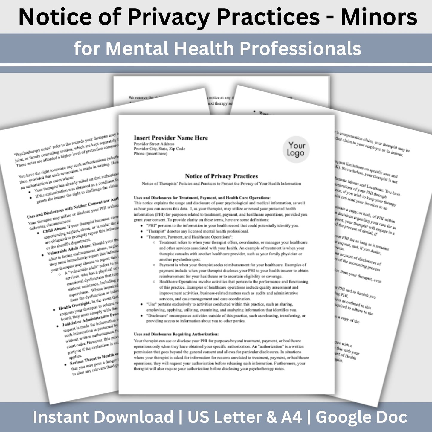 Easy-to-use Notice of Privacy Practices HPAA document. Notice of Privacy Practices for Minors Child Therapy, Google Doc, Client Intake Form, Psychology Office, Therapist Office Private Practice