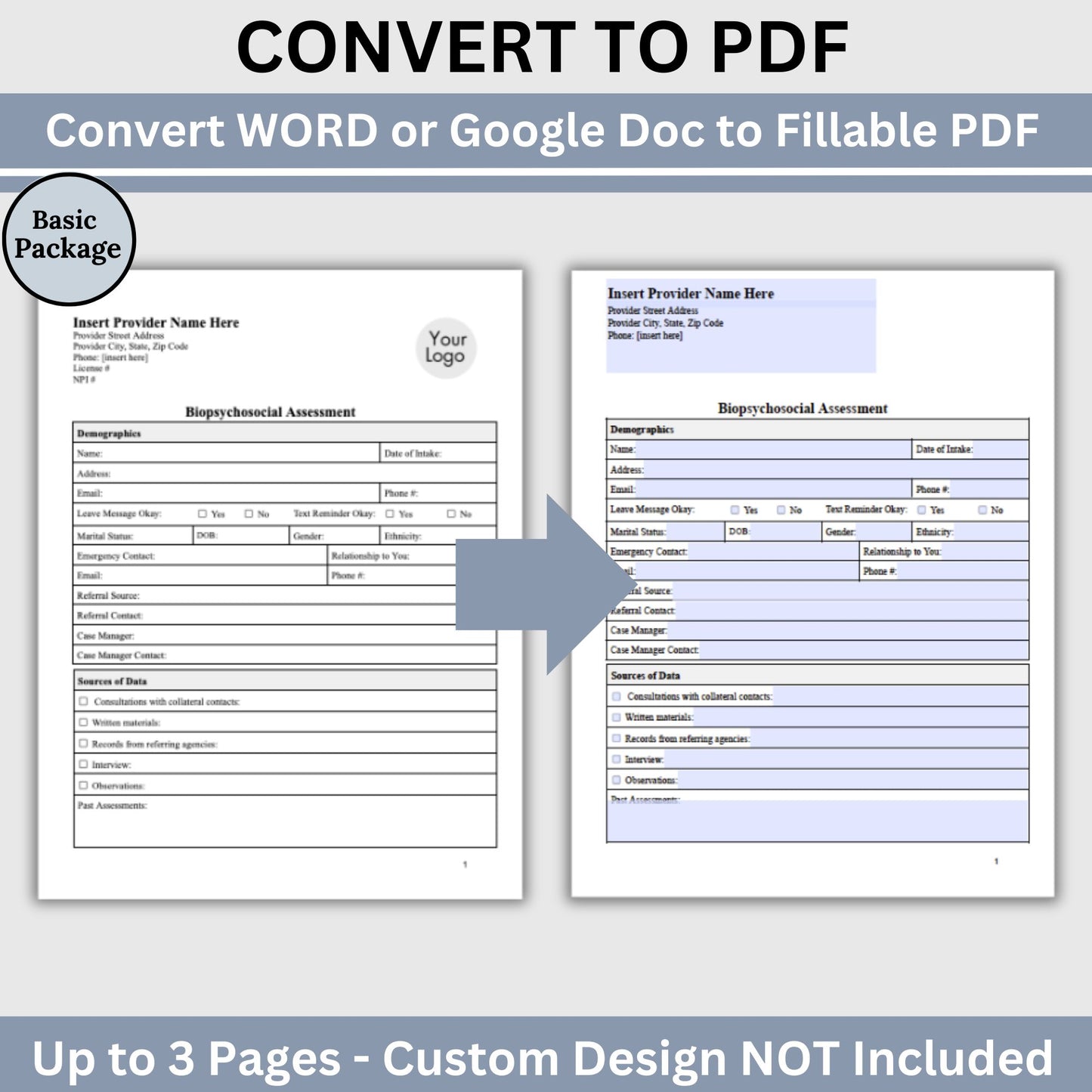 PDF Conversion Basic Package: Transform WORD or Google Docs into Fillable PDFs