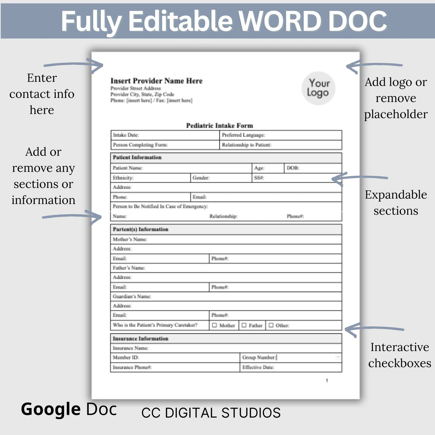 Pediatric Medical Intake Form: Editable Word Document