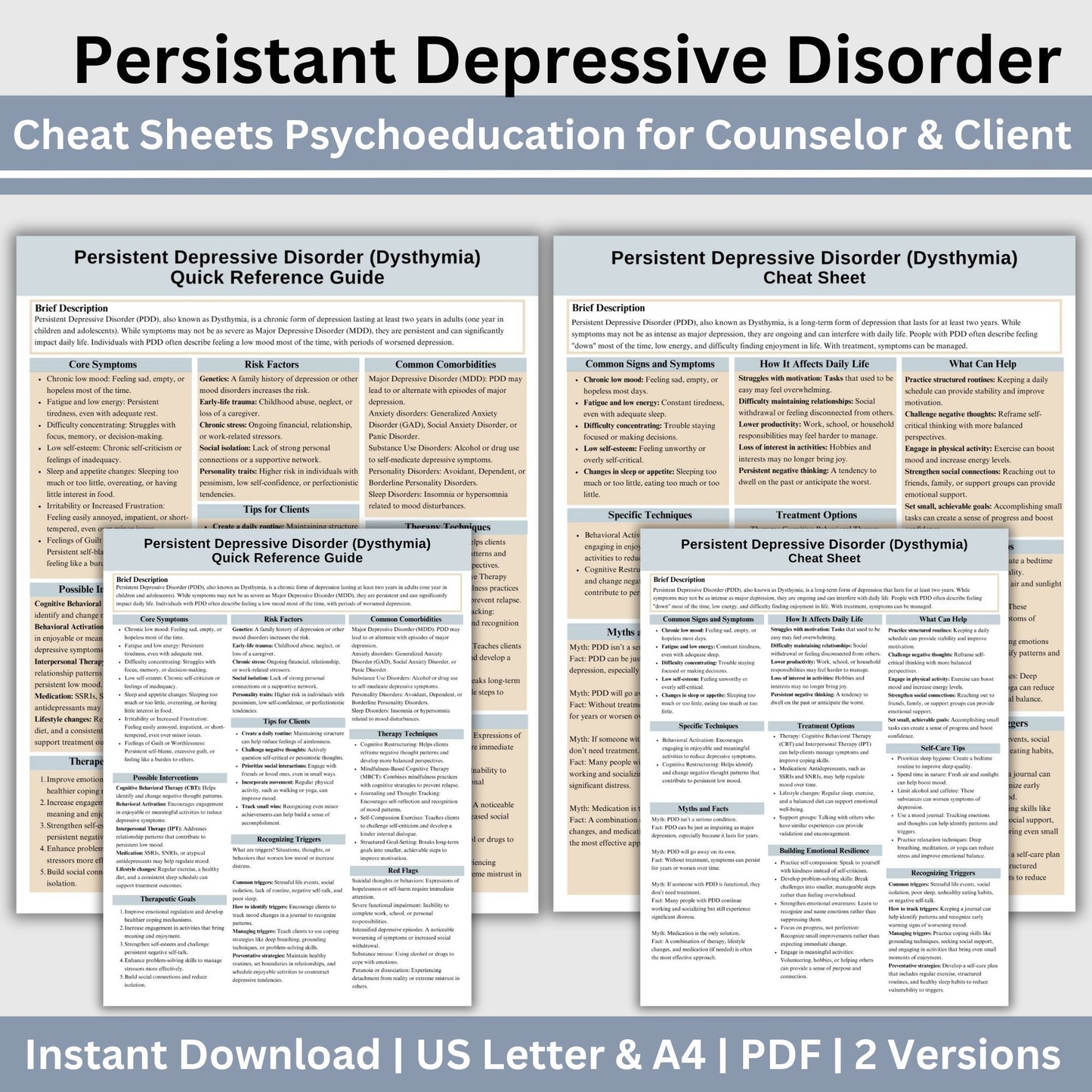 Persistent Depressive Disorder Therapy Cheat Sheet: 2 IN 1 Psychoeducation for Client and Cheat Sheet for Counselors