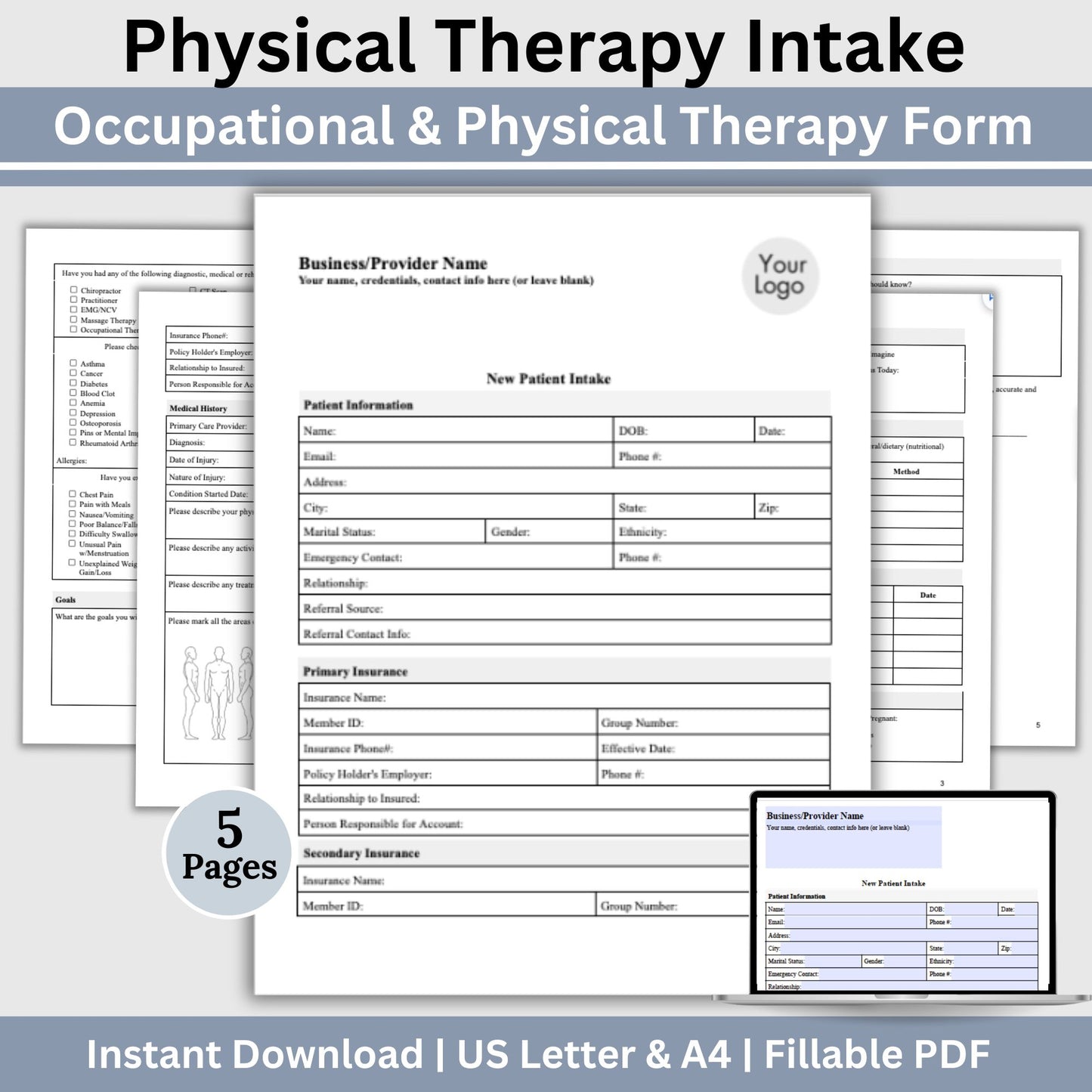 Physical Therapy & Occupational Therapy Intake Form - Fillable PDF