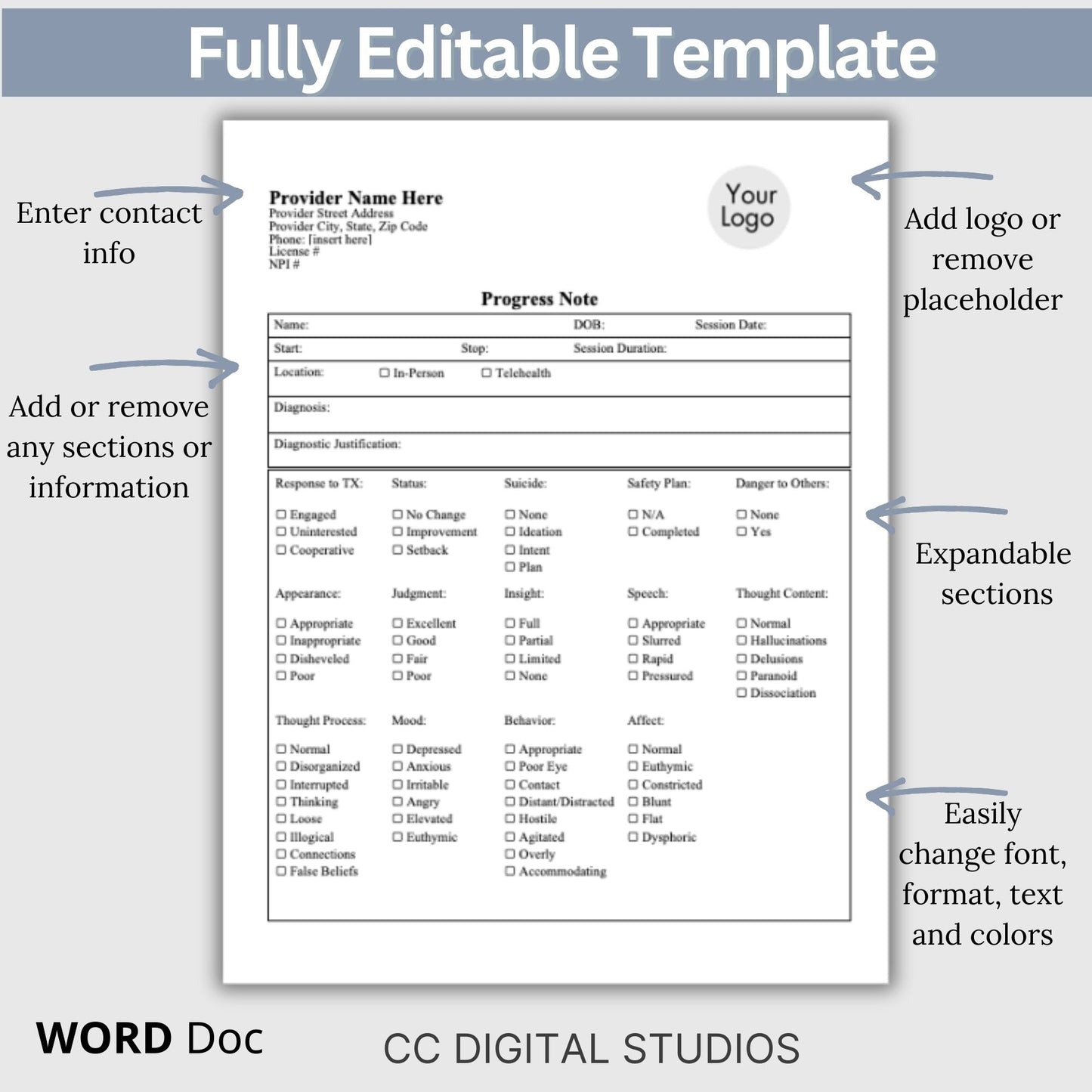 Progress note template, perfect for your therapy notes. This fully editable counseling template is designed specifically for therapists, psychologists, social workers, and counselors working in the field of mental health.