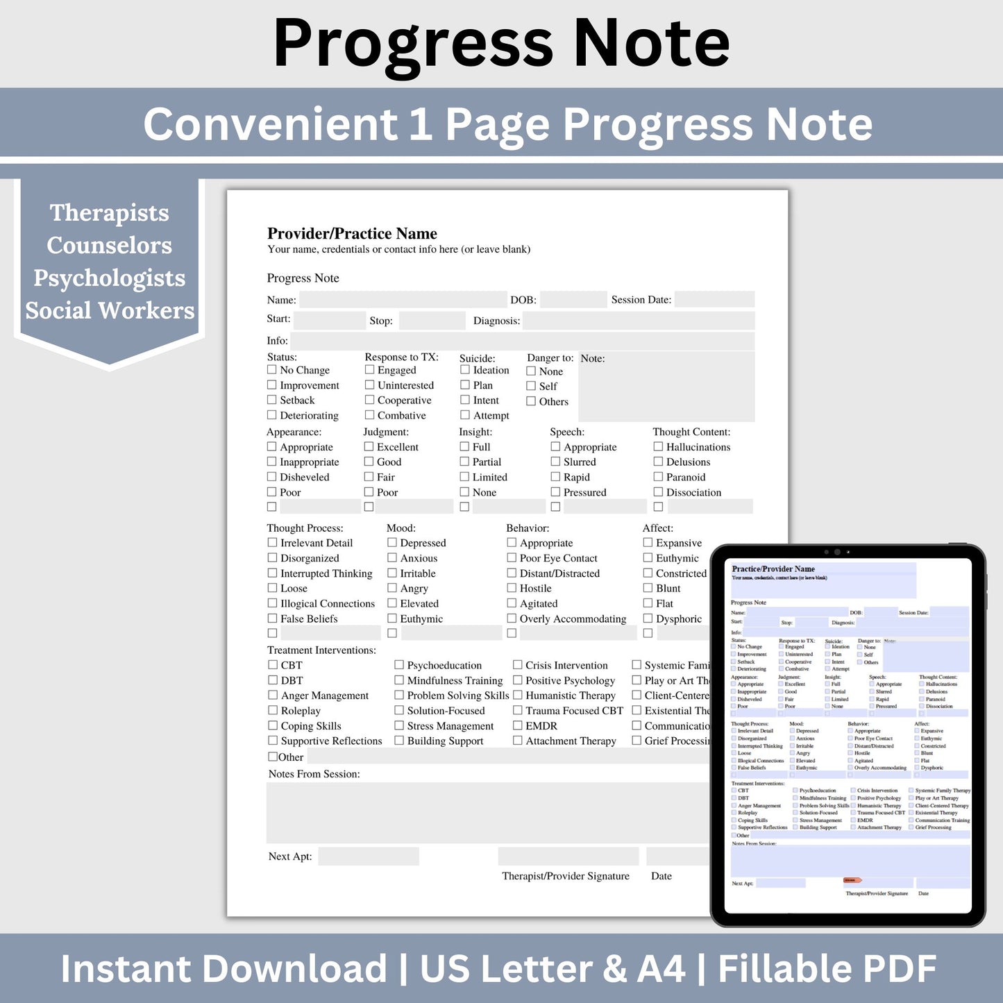 Enhance your counseling office by utilizing our fully editable Google Doc Progress Notes therapist template designed for streamlining documentation processes, enhancing client care, and keeping the private practice organized.
