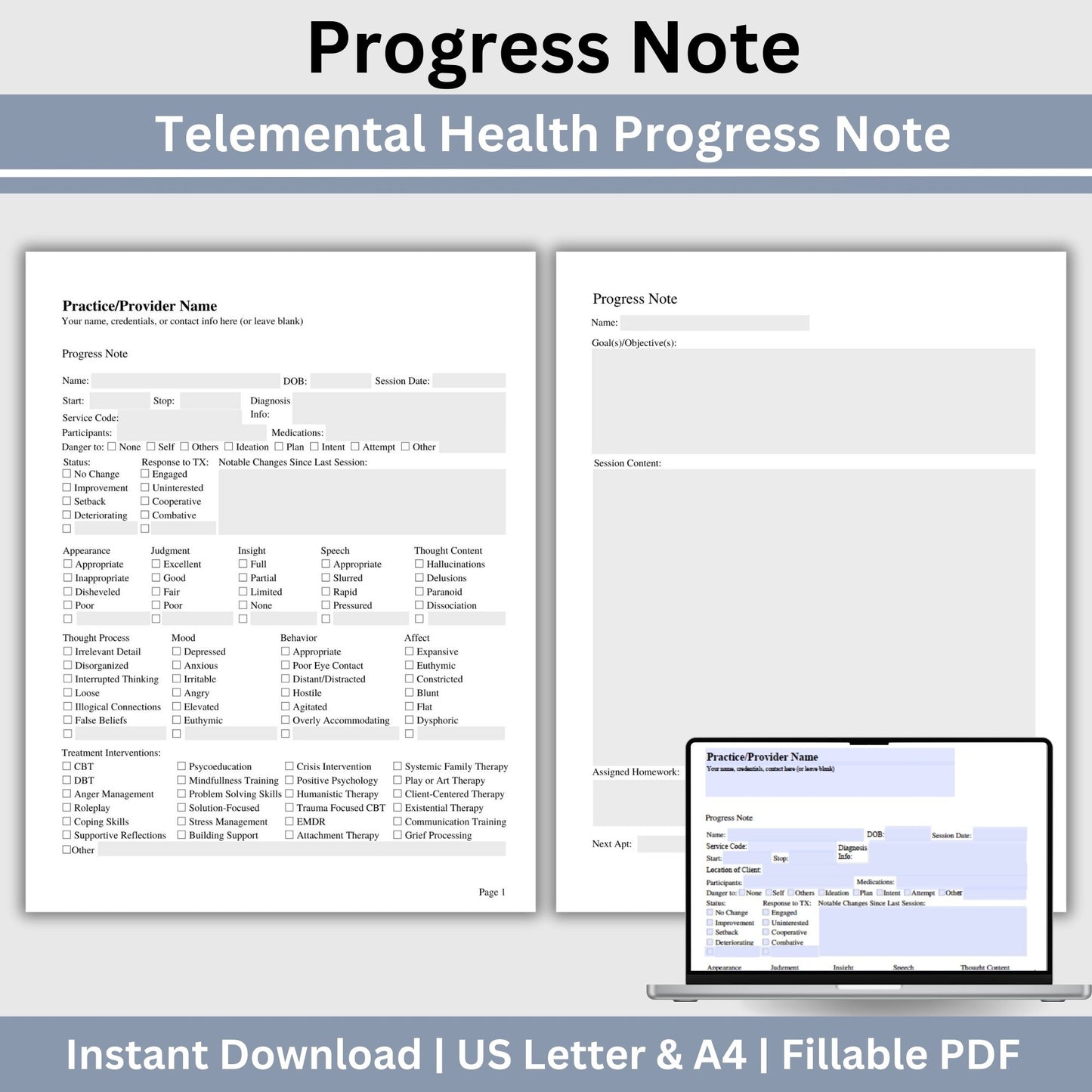 Progress Note, specifically designed for Telemental Health. Progress note therapist tool for documentation. Therapist office paperwork made easy with this fillable template. Therapist Planner, psychology, therapy notes, telehealth