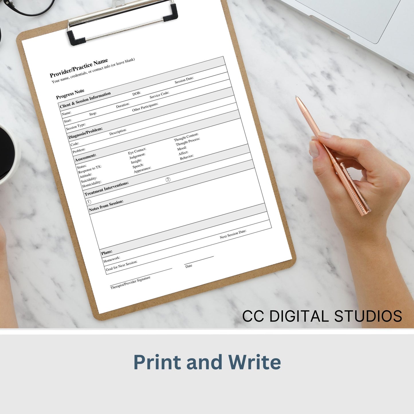 Convenient 1 page progress note template designed specially for Mental Health Counselors and Therapists. User-friendly template, crafted to streamline your therapy session notes and psychotherapy documentation.