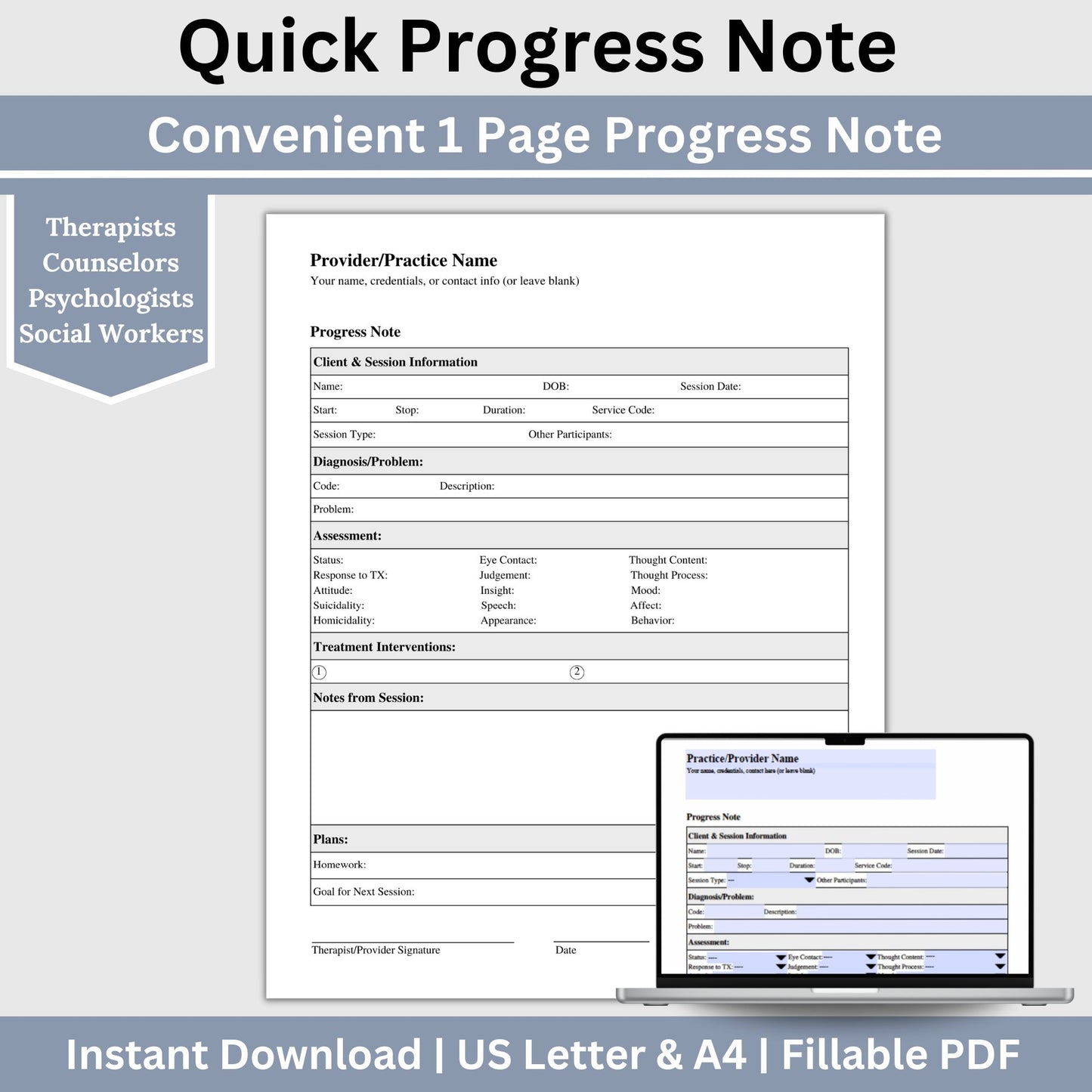 Convenient 1 page progress note template designed specially for Mental Health Counselors and Therapists. User-friendly template, crafted to streamline your therapy session notes and psychotherapy documentation.