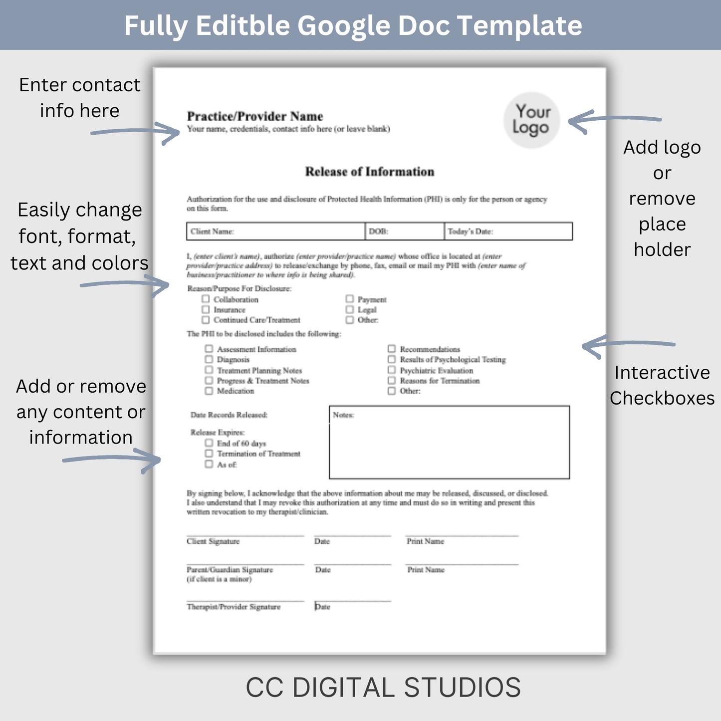Release of Information, Informed Consent, Mental Health ROI, Private Practice Paperwork, Therapy Tools, Therapy Consent Form, HIPAA Form