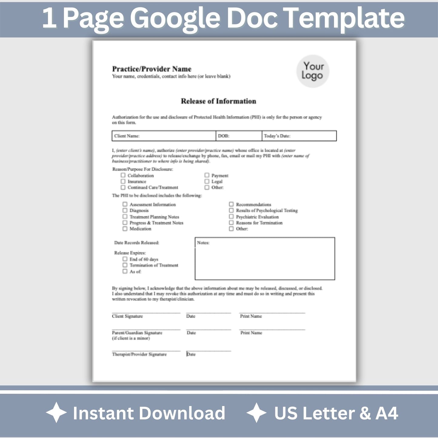 Release of Information, Informed Consent, Mental Health ROI, Private Practice Paperwork, Therapy Tools, Therapy Consent Form, HIPAA Form