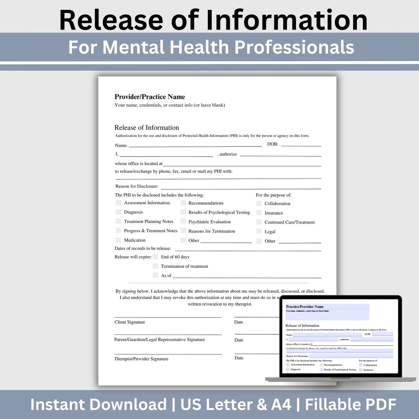 Release of Information (ROI) Form, designed specifically for mental health professionals. This essential template enhances client trust, and simplifies communication with other providers. Our form helps you maintain accurate records and adhere to confidentiality standards. Ideal for therapists, counselors, and social workers, this ROI form supports efficient information sharing. Optimize your workflow with this user-friendly solution.