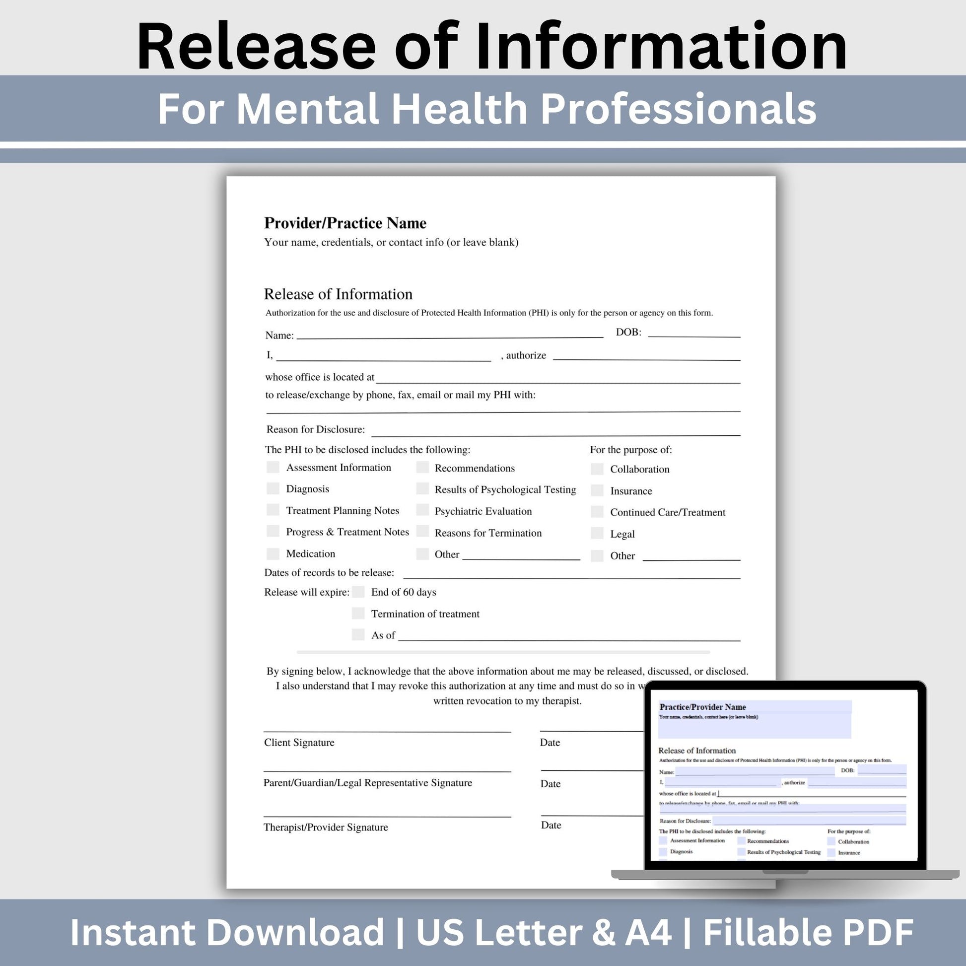 Release of Information (ROI) Form, designed specifically for mental health professionals. This essential template enhances client trust, and simplifies communication with other providers. Our form helps you maintain accurate records and adhere to confidentiality standards. Ideal for therapists, counselors, and social workers, this ROI form supports efficient information sharing. Optimize your workflow with this user-friendly solution.