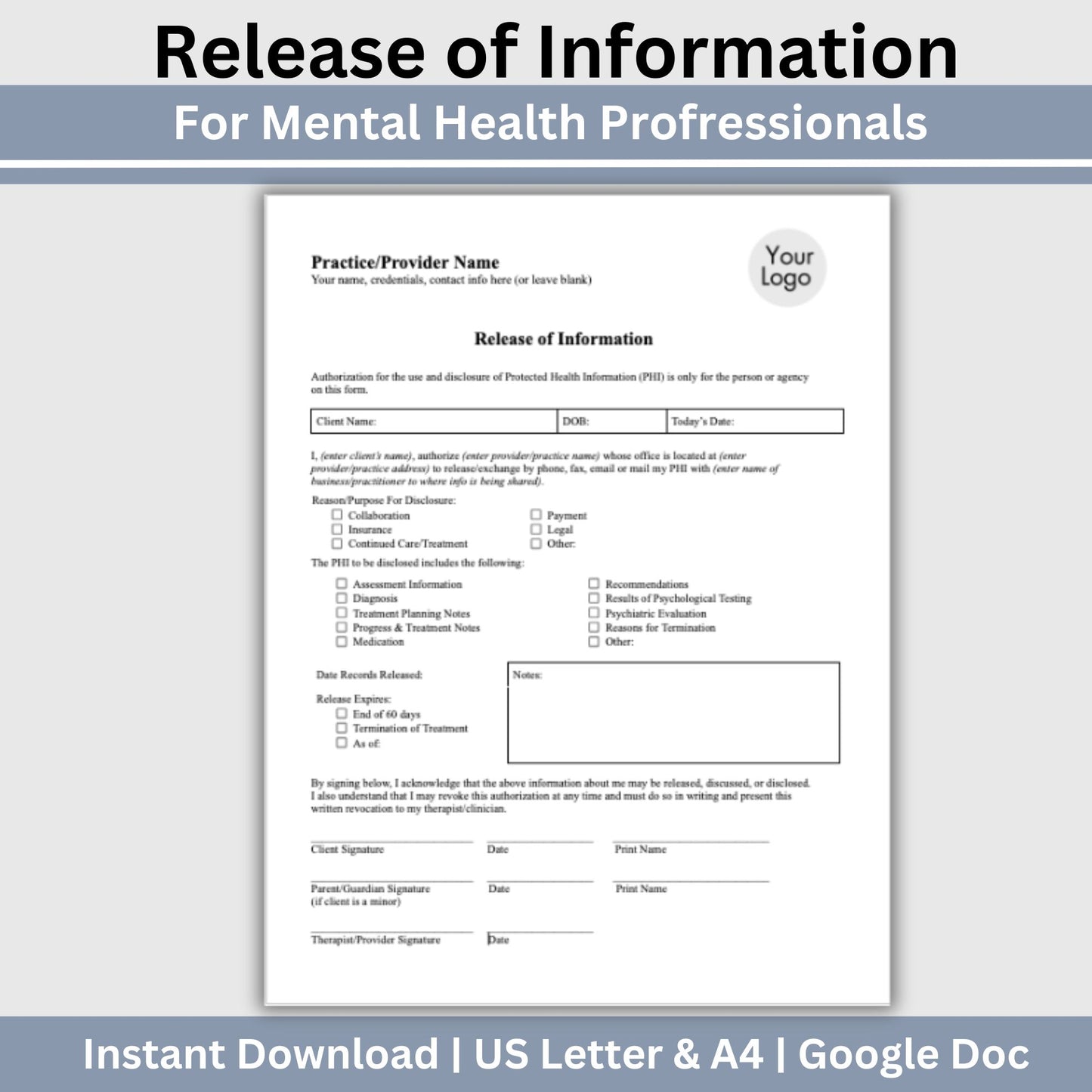 Release of Information, Informed Consent, Mental Health ROI, Private Practice Paperwork, Therapy Tools, Therapy Consent Form, HIPAA Form