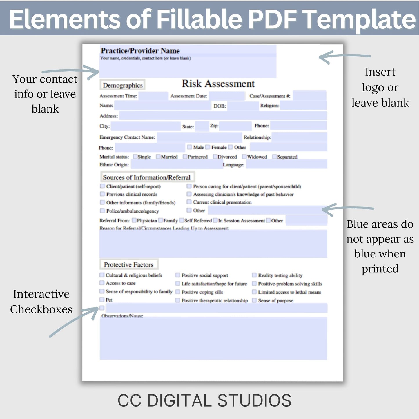 Mental Health Risk Assessment fillable PDF template. Designed for counselors and therapists, this suicide assessment tool includes essential suicide therapy questions to ask at-risk clients. Counselor risk note template