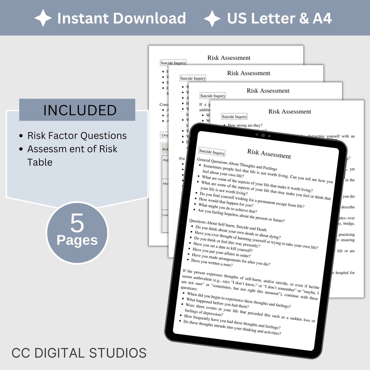 Mental Health Risk Assessment fillable PDF template. Designed for counselors and therapists, this suicide assessment tool includes essential suicide therapy questions to ask at-risk clients. Counselor risk note template