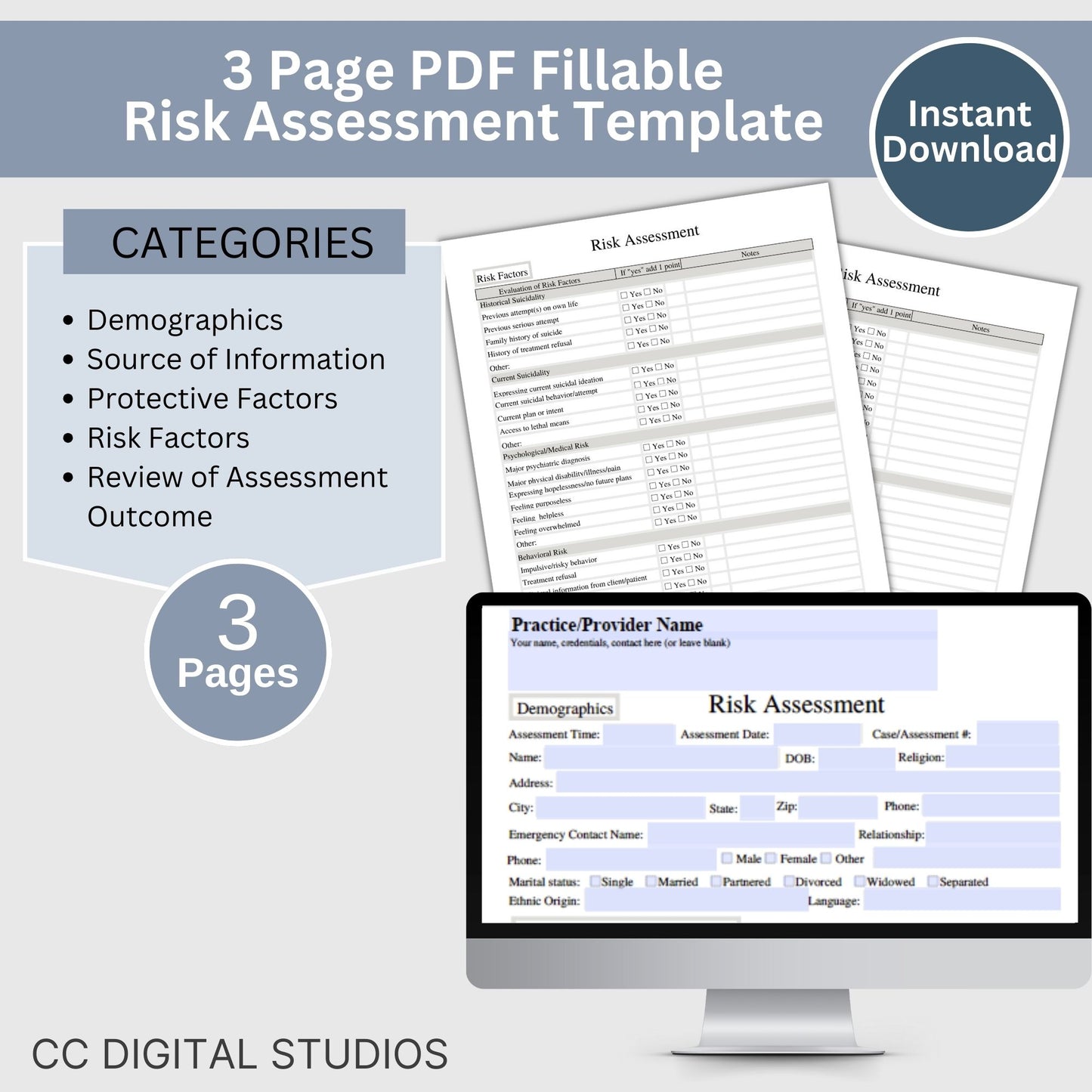 Mental Health Risk Assessment fillable PDF template. Designed for counselors and therapists, this suicide assessment tool includes essential suicide therapy questions to ask at-risk clients. Counselor risk note template