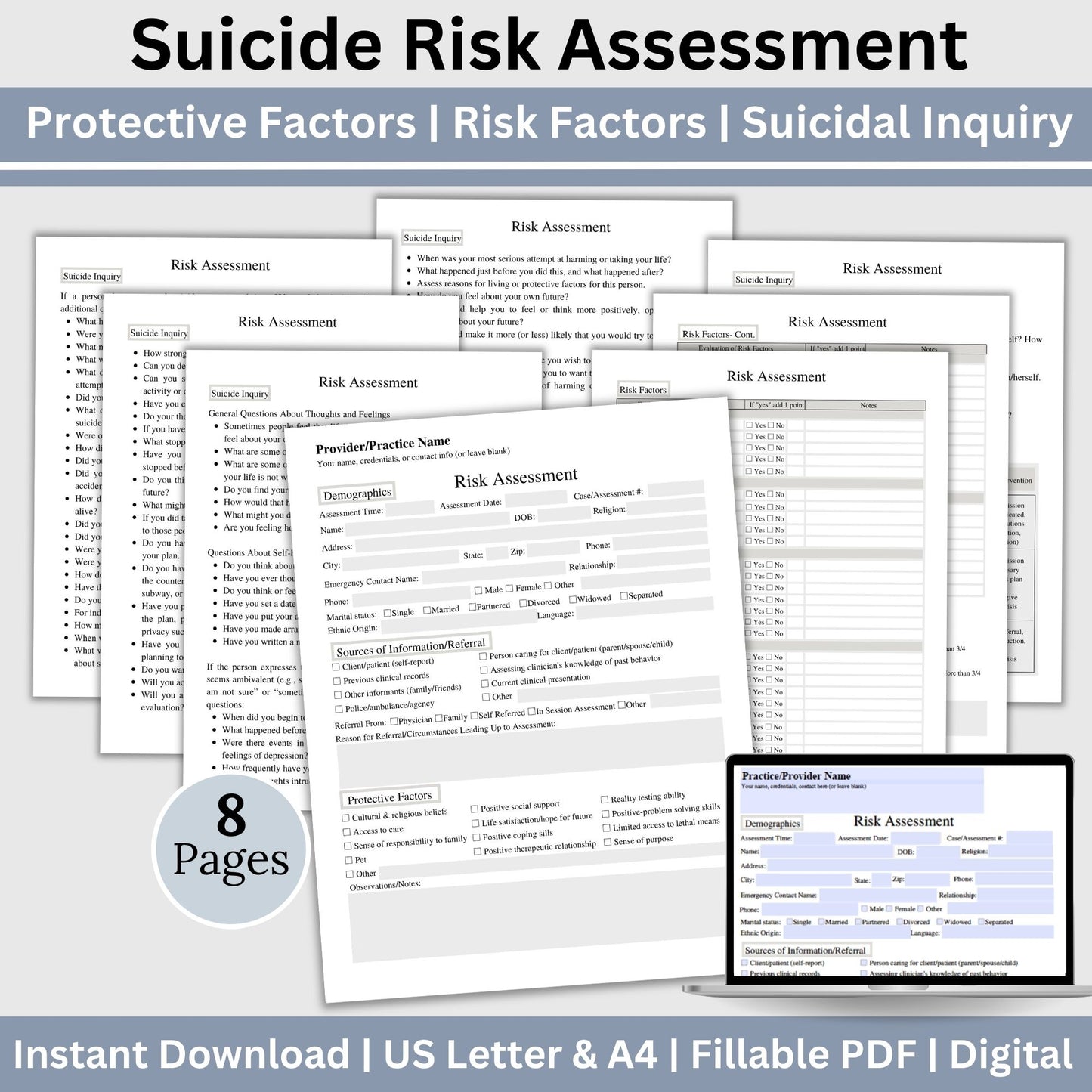 Mental Health Risk Assessment fillable PDF template. Designed for counselors and therapists, this suicide assessment tool includes essential suicide therapy questions to ask at-risk clients. Counselor risk note template