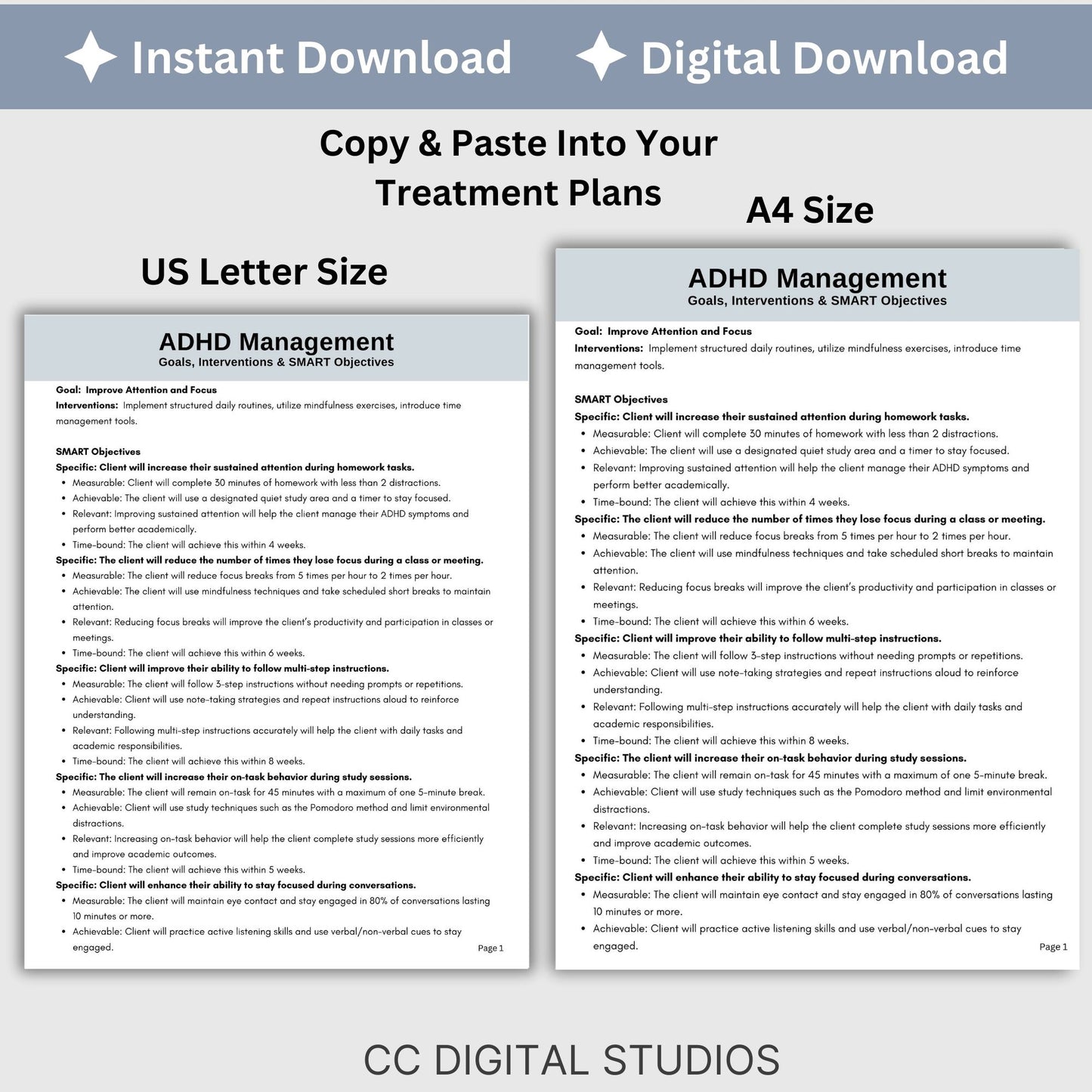 ADHD SMART Goals for Objectives, ADHD Treatment Planning, Therapy Cheat Sheet, adhd Planning Tool for Therapist Office, Interventions. ADHD therapy goals with SMART goals for objectives - Treatment planning tool tailored for treating ADHD.