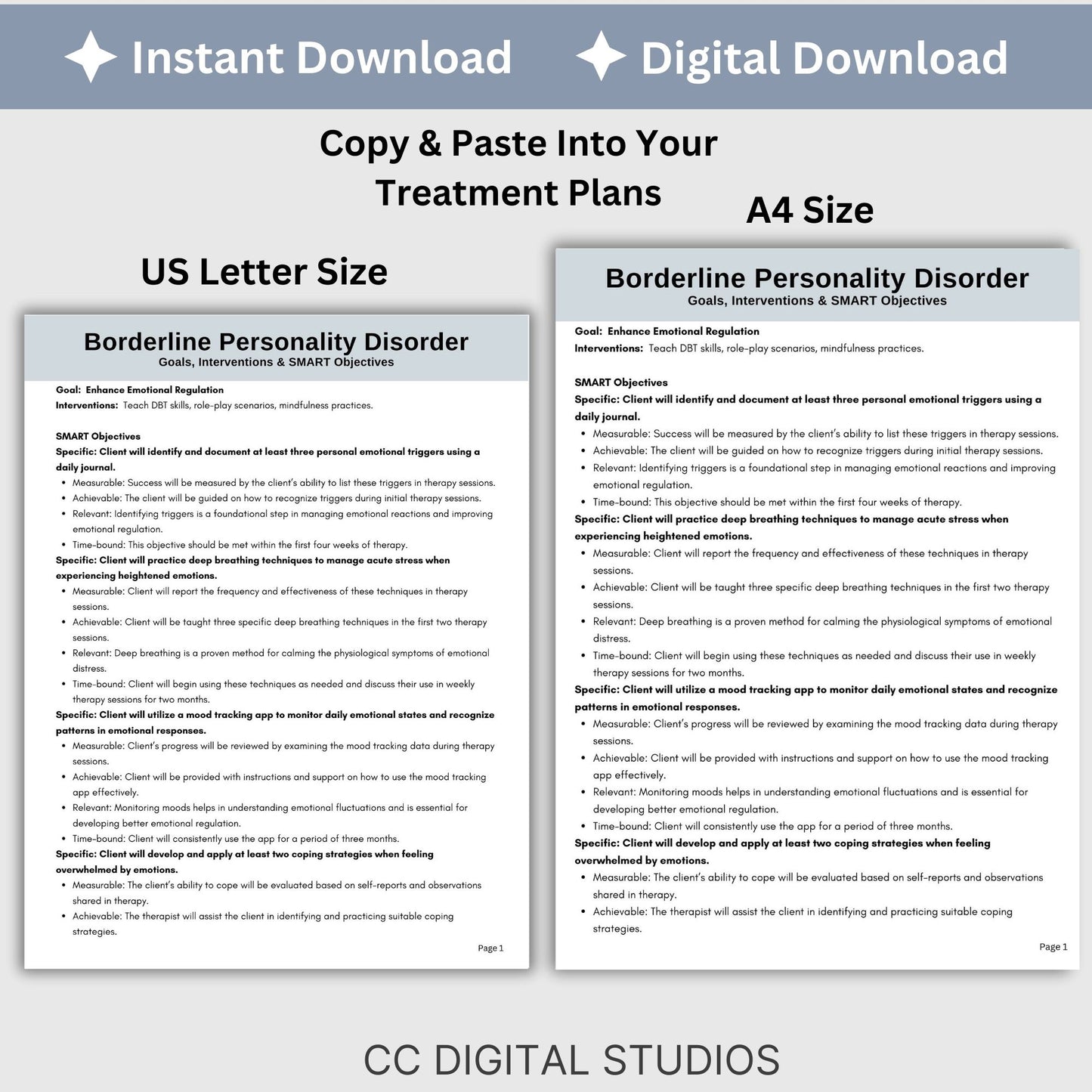 Therapy goals with SMART goals for objectives - Treatment planning tool tailored for treating Borderline Personality Disorder (BPD). BPD Treatment Planning, DBT Skills, Therapy Cheat Sheet, Therapy Notes, Counseling Tools, Interventions