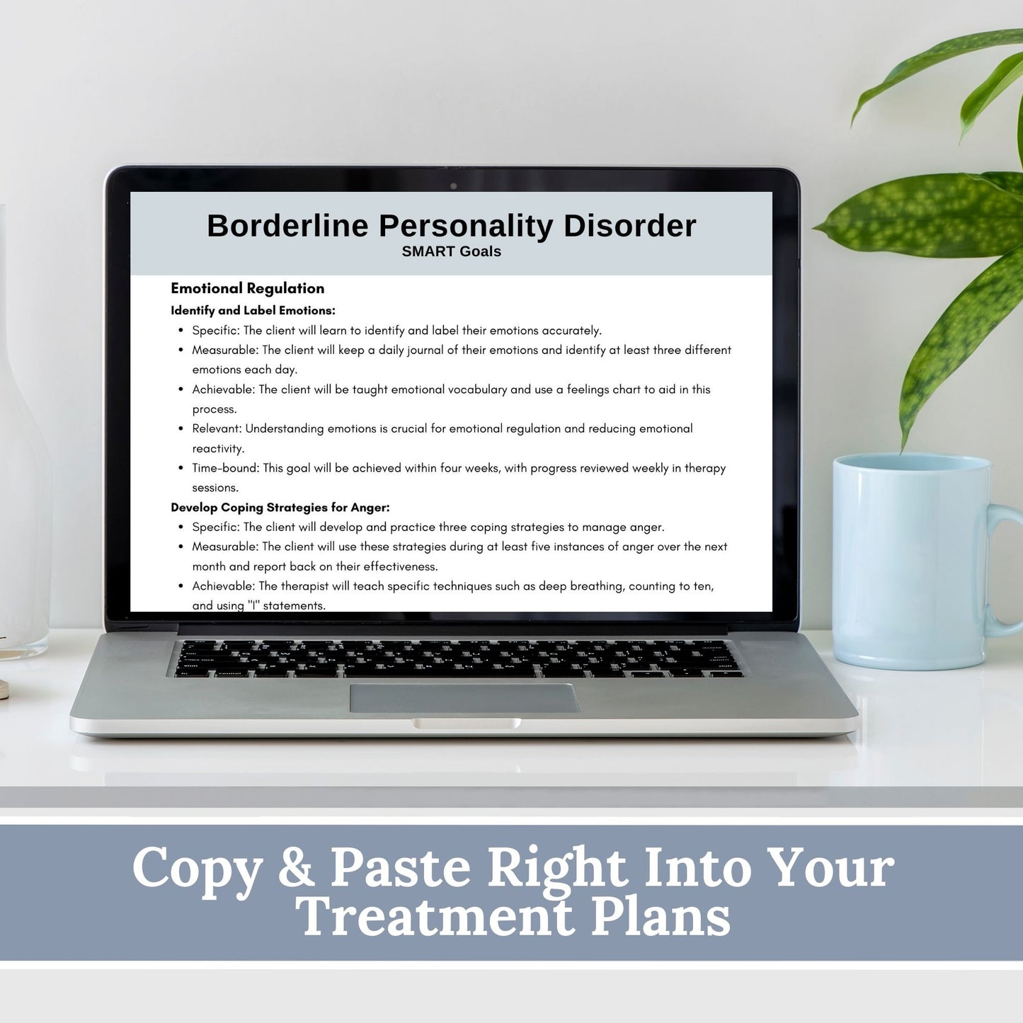 SMART Goals for Borderline Personality Disorder (BPD) treatment planning - Therapy cheat sheet for mental health professionals. BPD Treatment Planning for Therapists, DBT Skills Goals, Therapy Cheat Sheet, Therapy Notes, Counseling Tools
