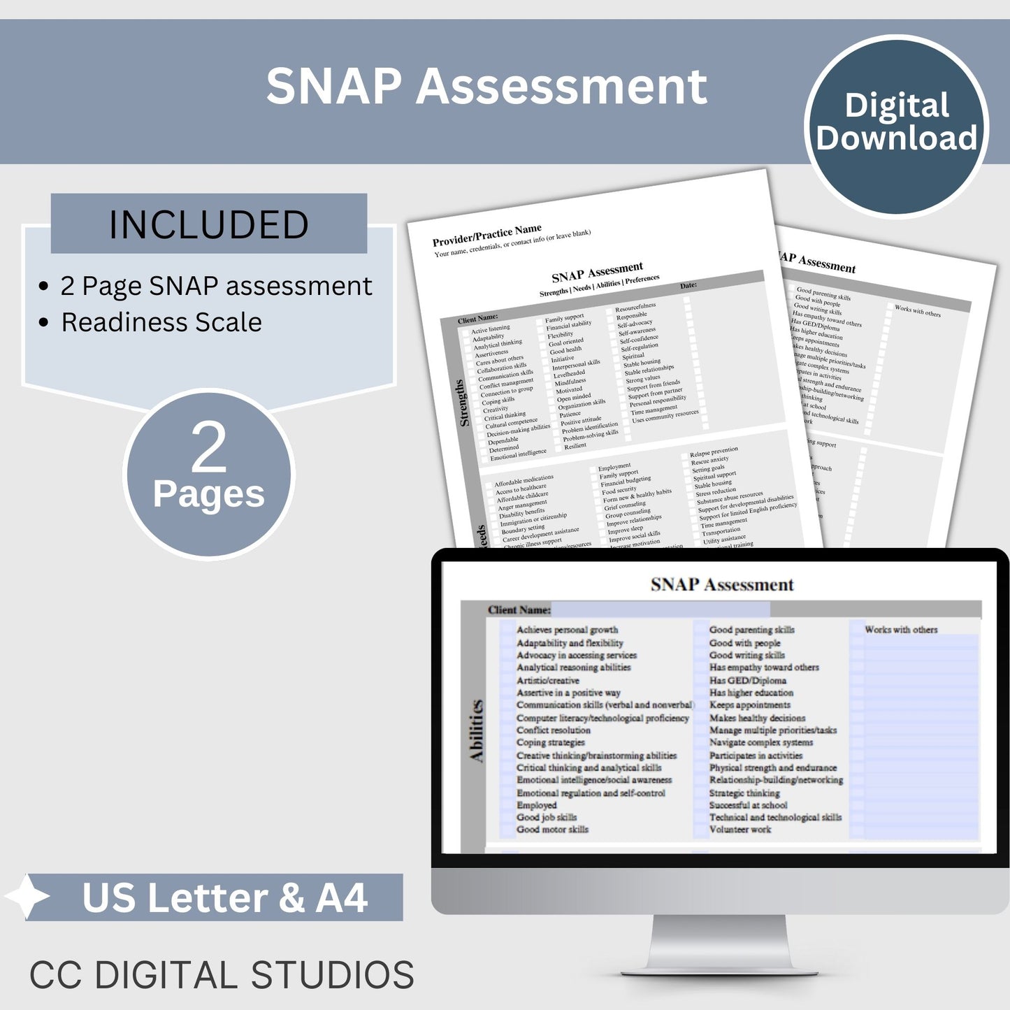 SNAP assessment to identify strengths, needs, abilities and preferences. Perfect for social workers, school counselors, case management and therapist office. Therapy notes, therapy template, therapy tools