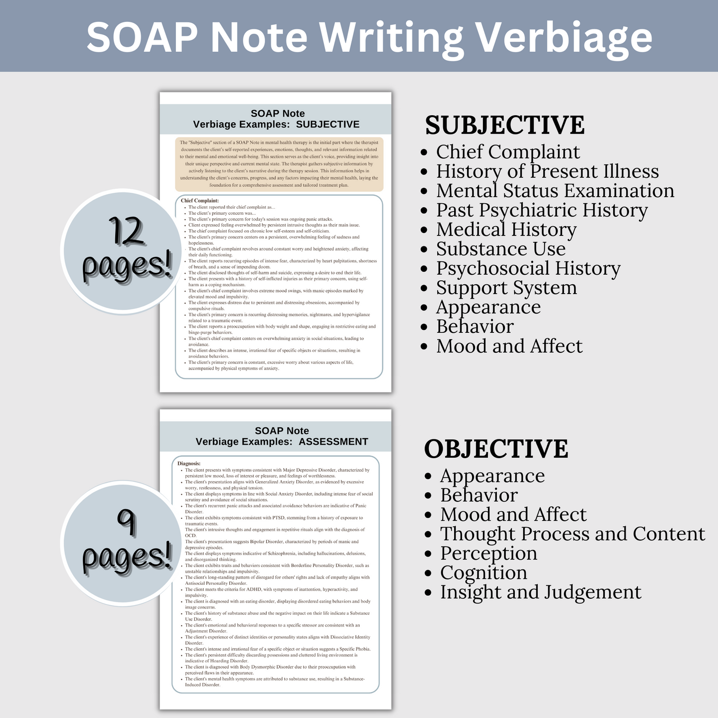 SOAP Note Guide tailored specifically for mental health therapists – your ultimate companion for efficient and organized documentation. Designed to streamline your therapy notes with user-friendly prompts and insightful examples