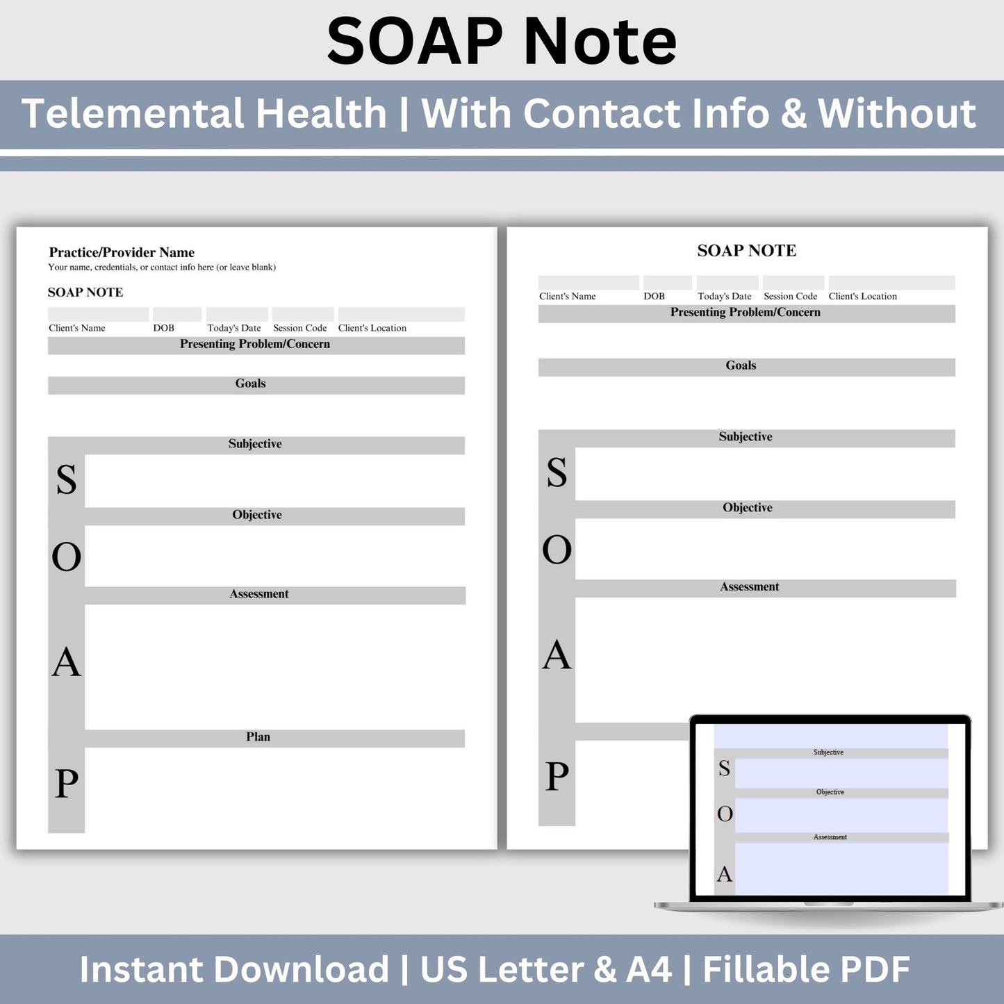 SOAP Note template designed specifically for Telemental health. Two templates, one with contact info and one without. Fillable SOAP Progress note for therapists office, school counselor and counseling offices.