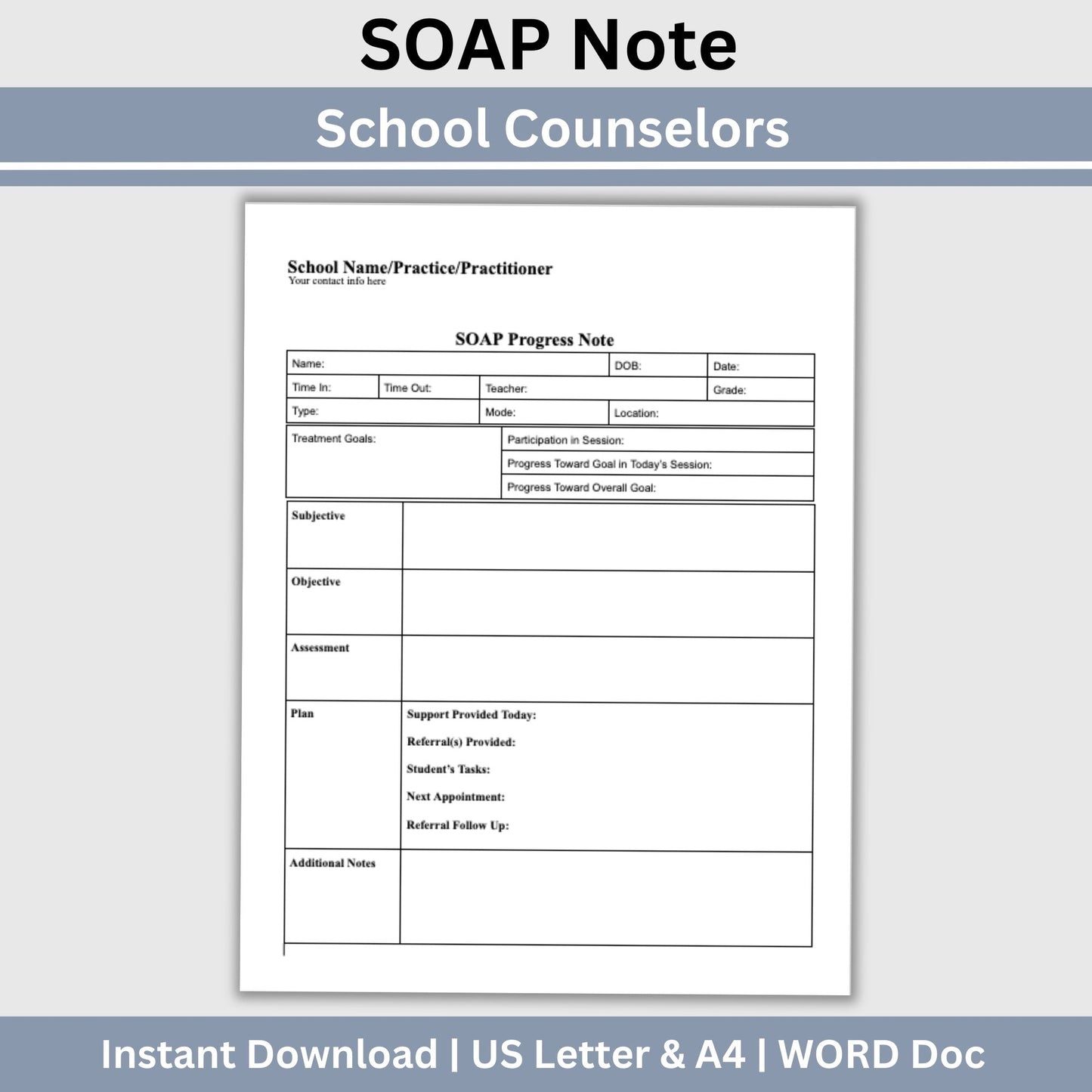 SOAP Note for School Counselors, School Social Worker Progress Note, Counseling Resources, School Counseling Template, Social Work Forms