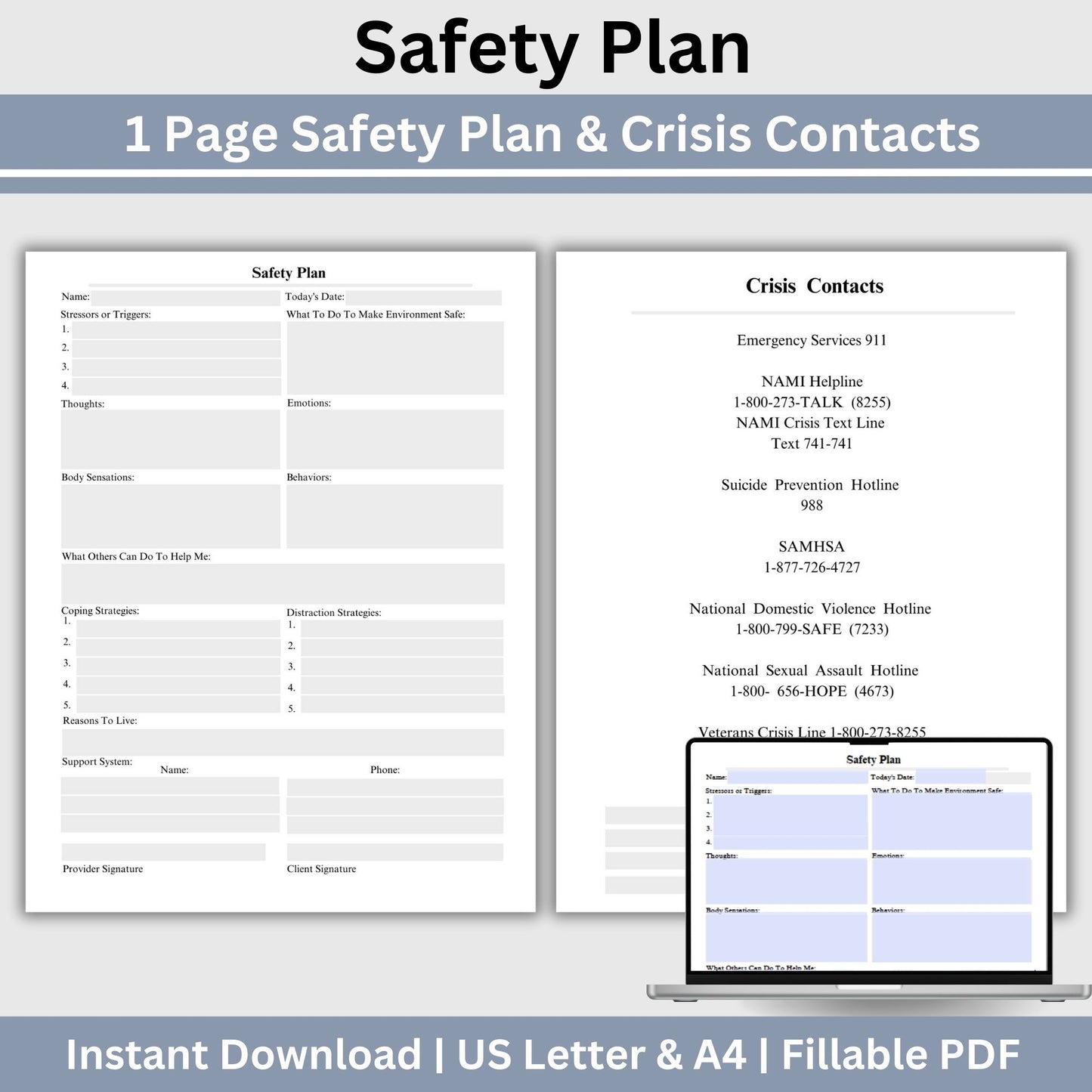 Safety Plan template, therapy tool designed to help prioritized coping strategies and sources of support counseling clients can use during or preceding a crisis. Safety worksheet is a suicide prevention therapy resource tool.