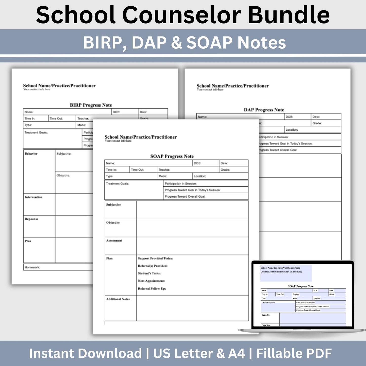 School counselor bundle of SOAP, DAP, and BIRP progress note templates. School Counselor Bundle of Progress Notes, BIRP Progress Note, SOAP Note, DAP Progress Note, School Social Worker and School Psychologists