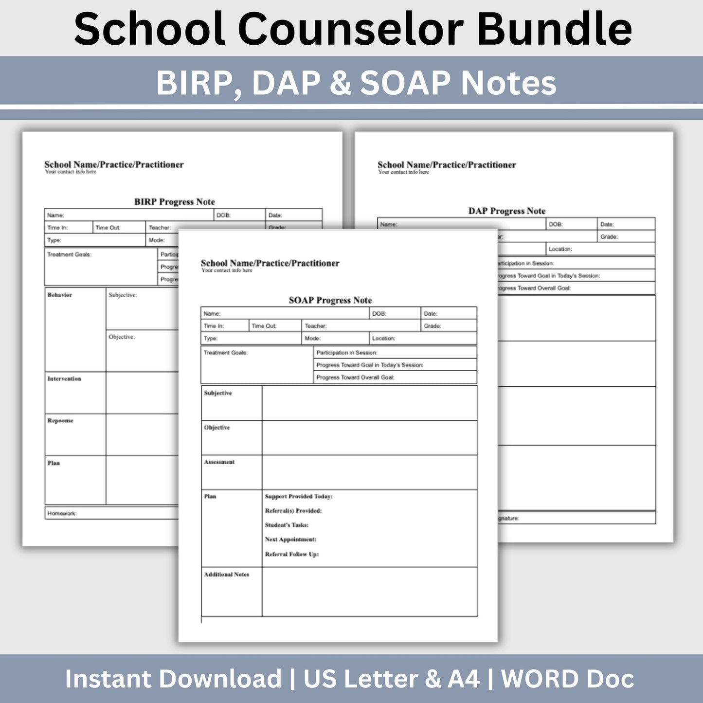 School counselor bundle of SOAP, DAP, and BIRP progress note templates. School Counselor Bundle of Progress Notes, BIRP Progress Note, SOAP Note, DAP Progress Note, School Social Worker and School Psychologists