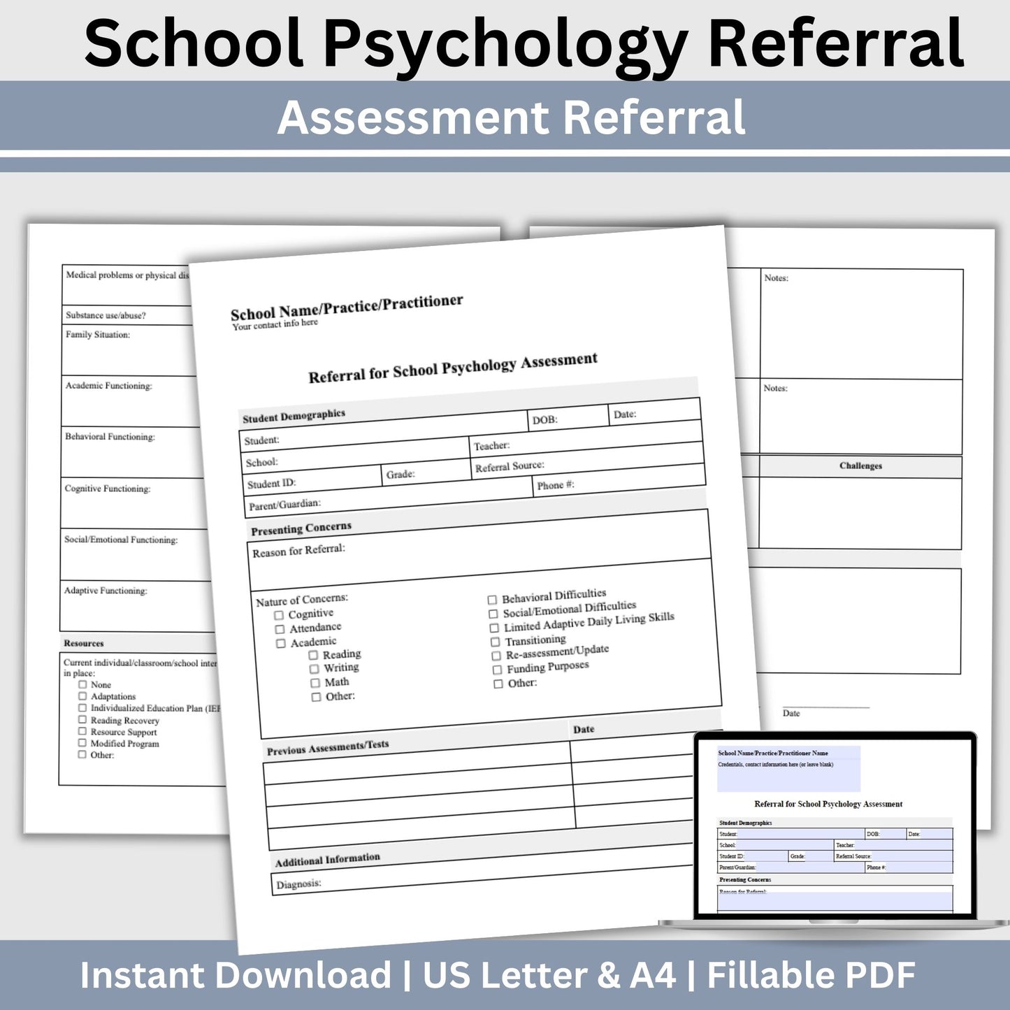 School Psychologist Referral for Assessments, School Counselor Template, Therapy Notes Psychology Form, Mental Health Assessment Referral
