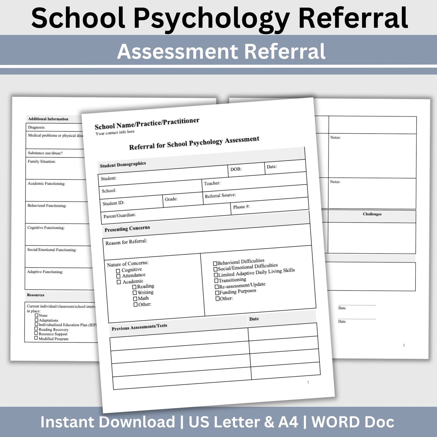 School Psychologist Referral for Assessments, School Counselor Template, Therapy Notes Psychology Form, Mental Health Assessment Referral