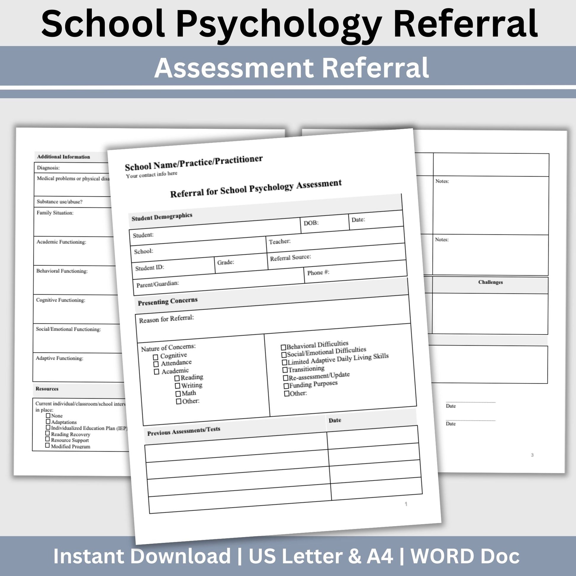 School Psychologist Referral for Assessments, School Counselor Template, Therapy Notes Psychology Form, Mental Health Assessment Referral