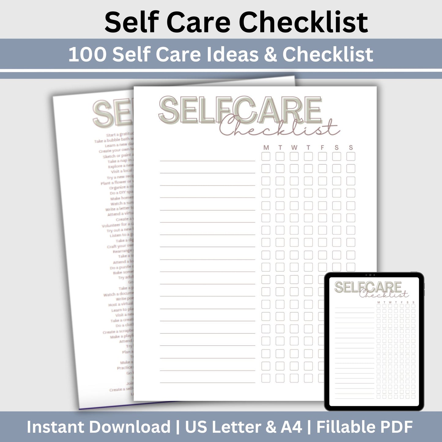 Self Care Checklist for Wellness Journal, Mental Health Self Care Worksheet, 100 Self Care Activities, Therapy Resource, Self Care Journal