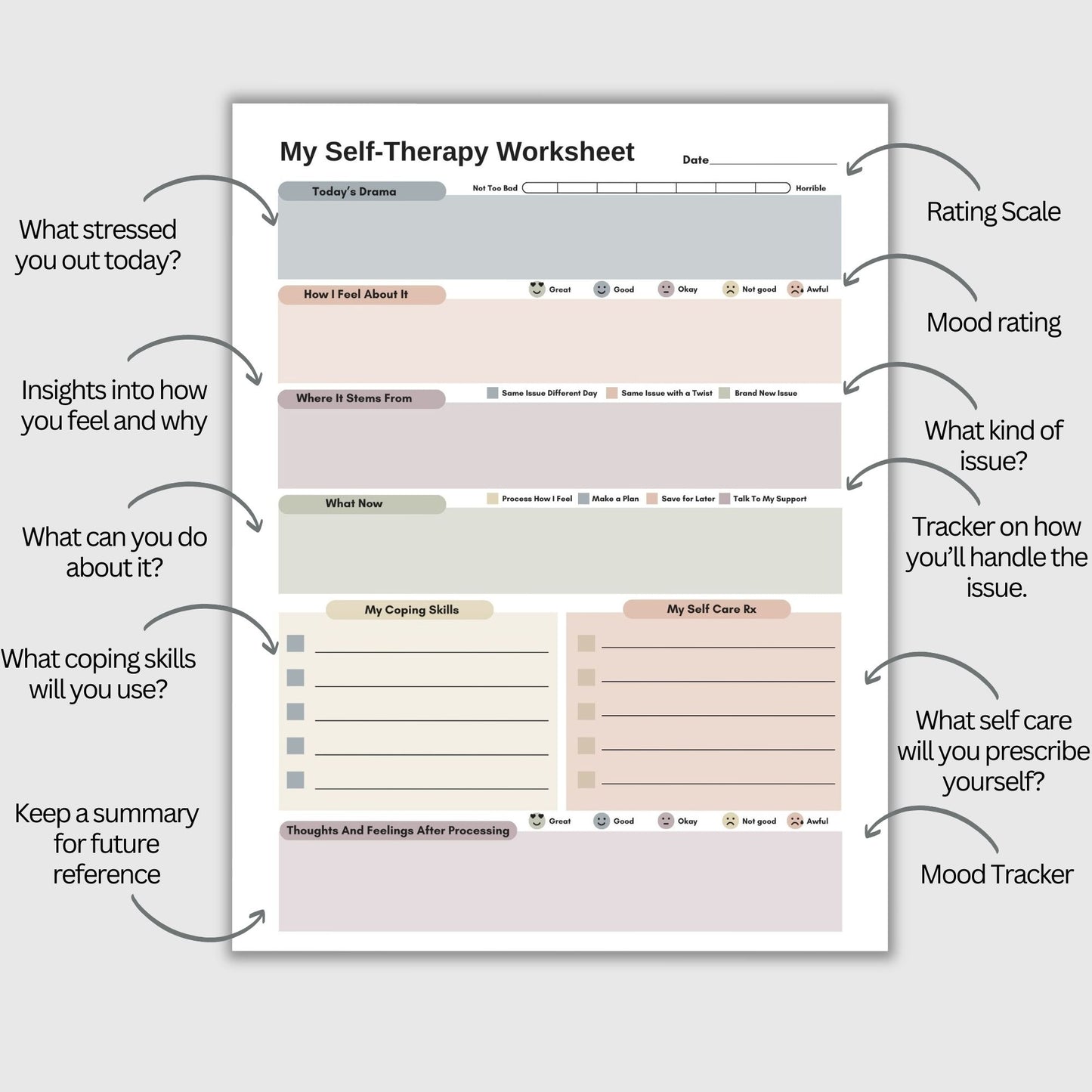 CBT worksheet for self-therapy, self-care, and processing anxiety and life stressors. This therapy journal page with structured prompts empowers you to process challenges, develop healthier thought patterns