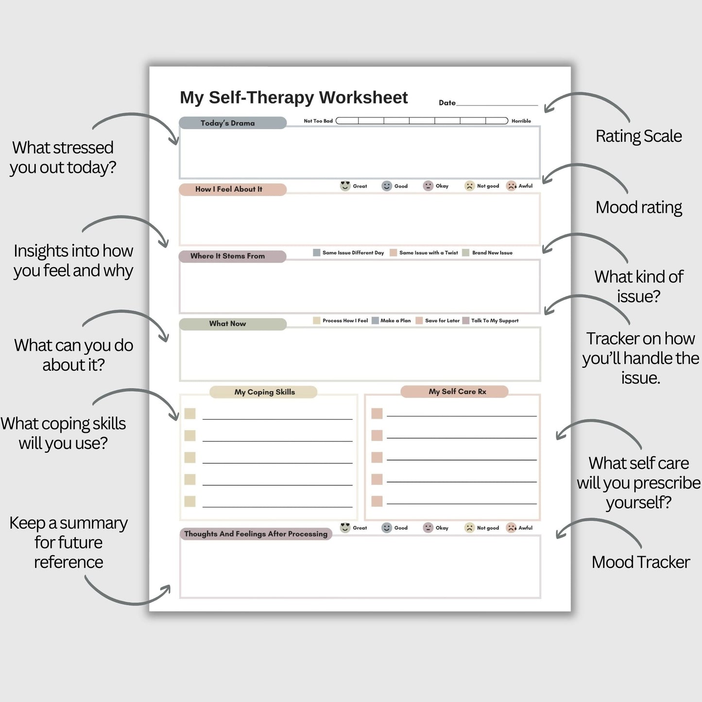 CBT worksheet for self-therapy, self-care, and processing anxiety and life stressors. This therapy journal page with structured prompts empowers you to process challenges, develop healthier thought patterns