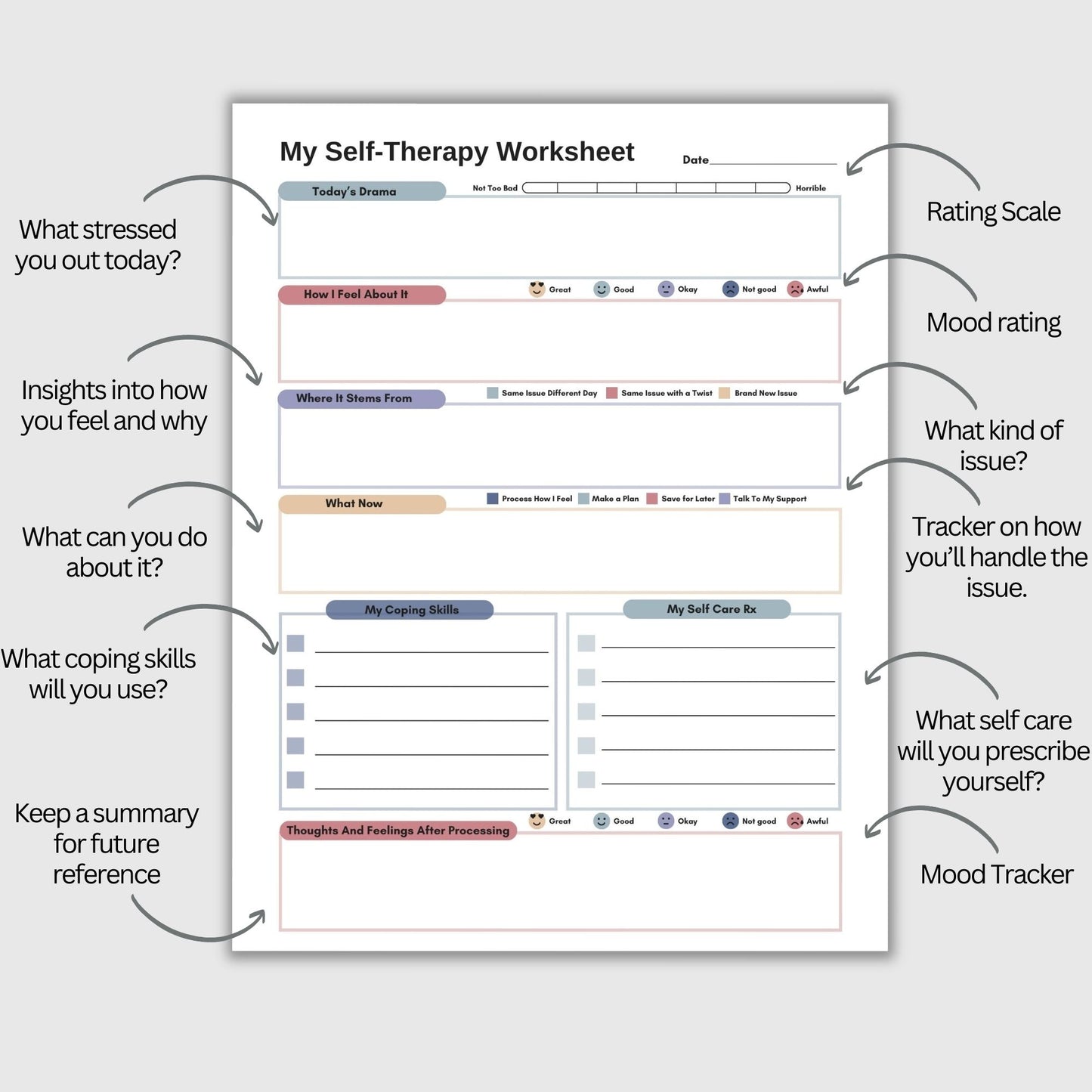 CBT worksheet for self-therapy, self-care, and processing anxiety and life stressors. This therapy journal page with structured prompts empowers you to process challenges, develop healthier thought patterns