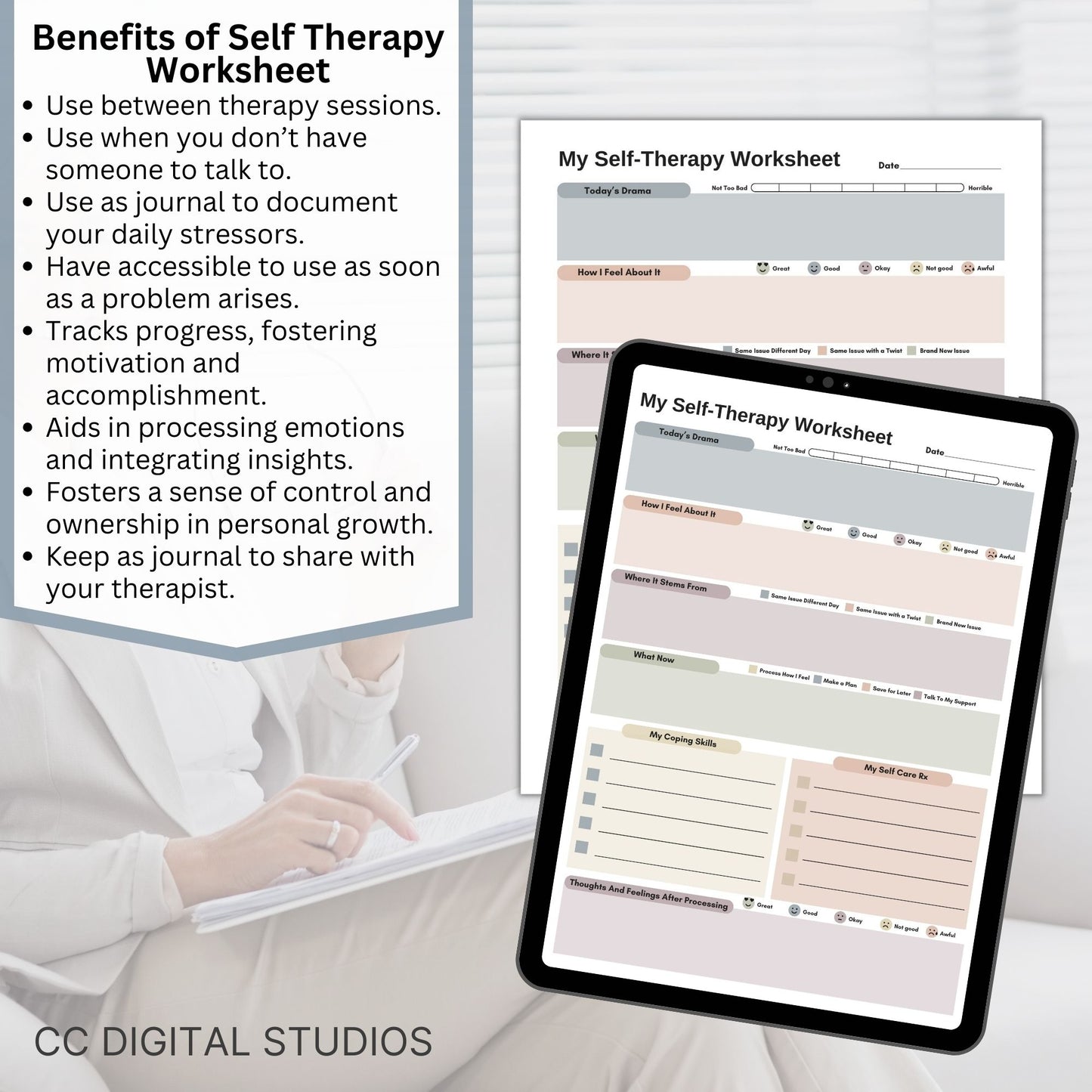 CBT worksheet for self-therapy, self-care, and processing anxiety and life stressors. This therapy journal page with structured prompts empowers you to process challenges, develop healthier thought patterns