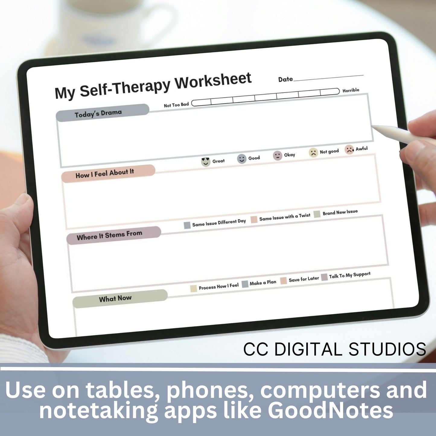 CBT worksheet for self-therapy, self-care, and processing anxiety and life stressors. This therapy journal page with structured prompts empowers you to process challenges, develop healthier thought patterns