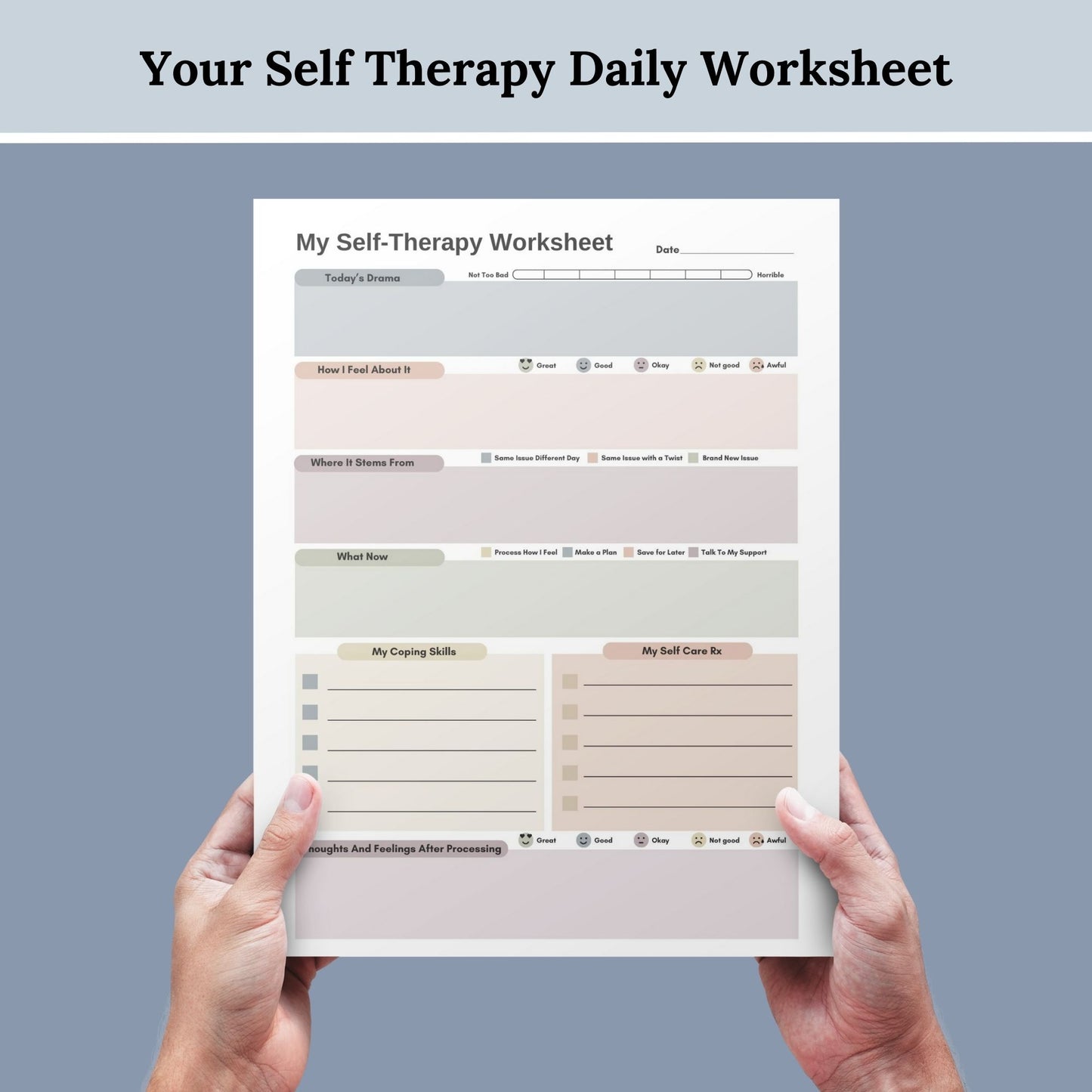 CBT worksheet for self-therapy, self-care, and processing anxiety and life stressors. This therapy journal page with structured prompts empowers you to process challenges, develop healthier thought patterns