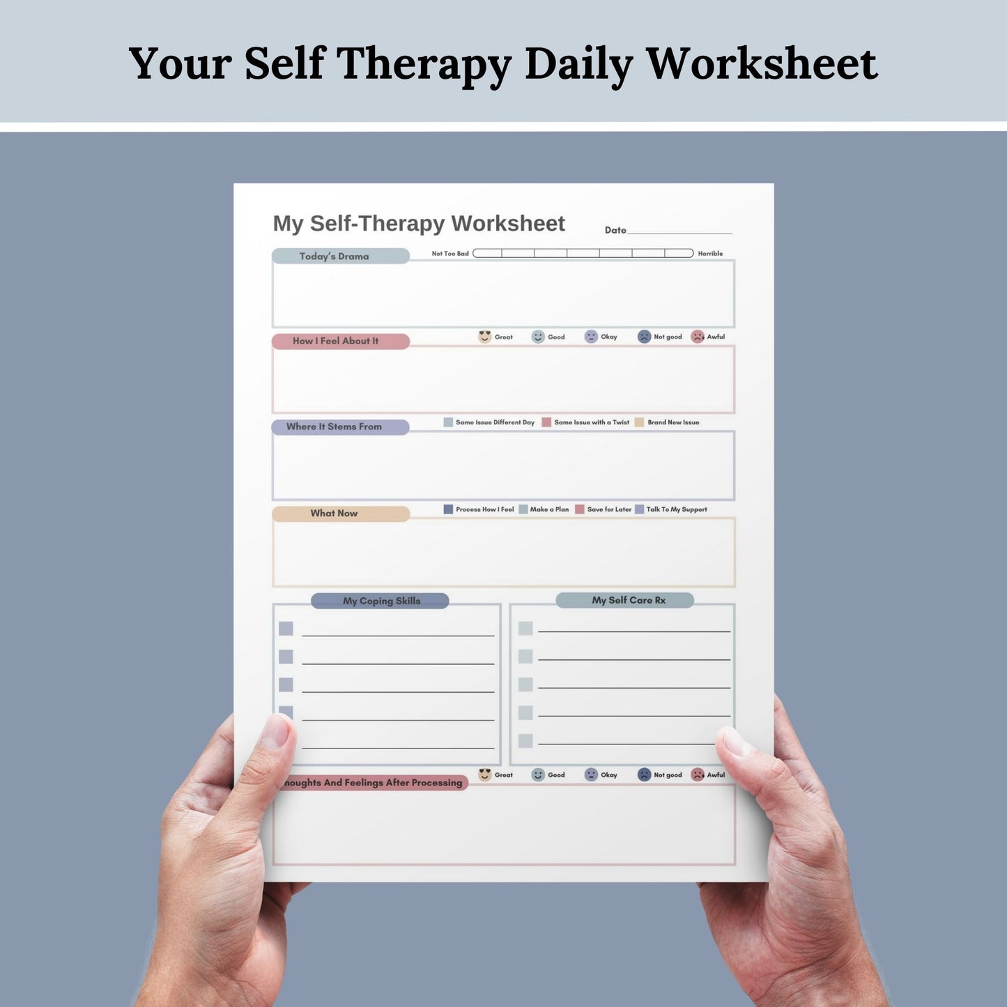 CBT worksheet for self-therapy, self-care, and processing anxiety and life stressors. This therapy journal page with structured prompts empowers you to process challenges, develop healthier thought patterns