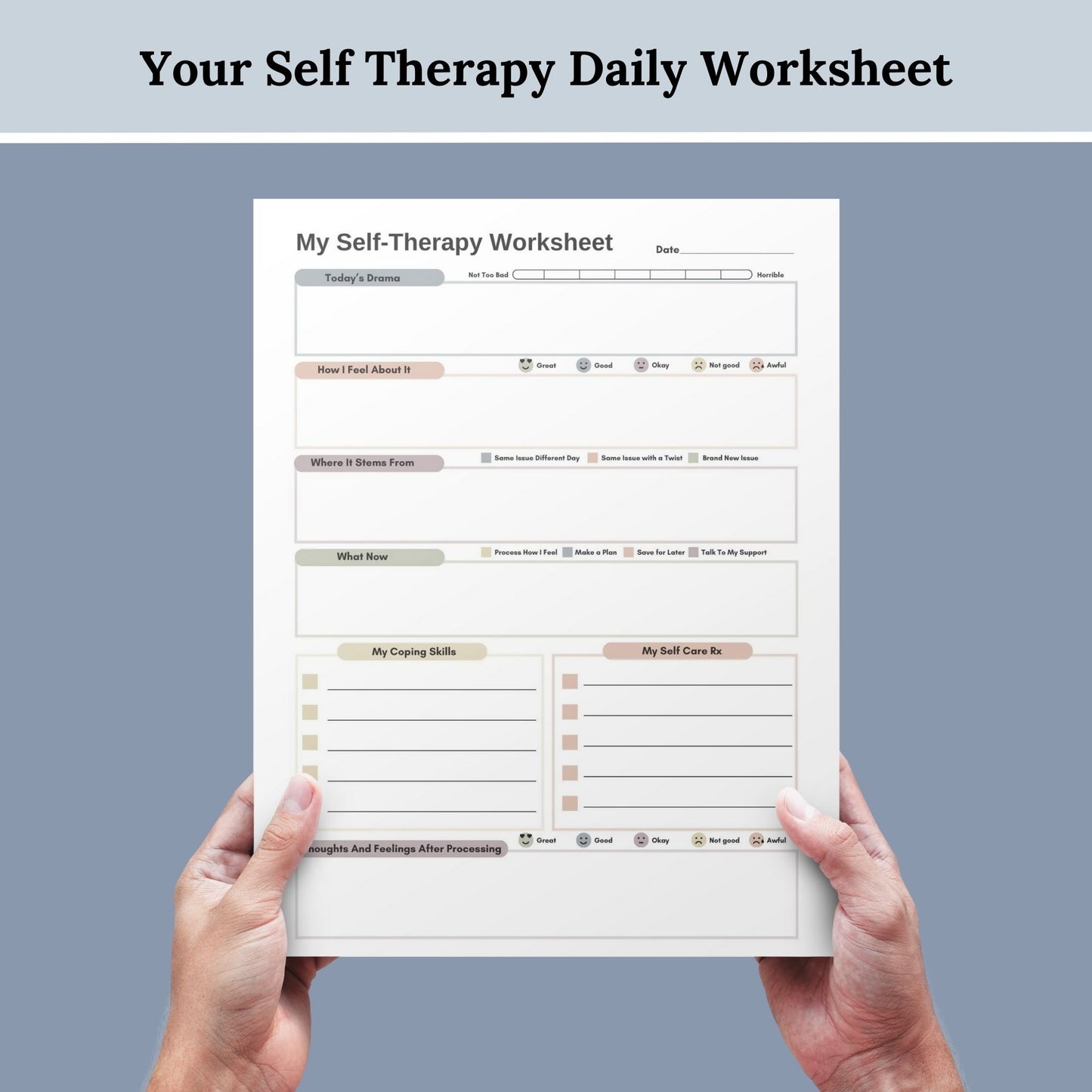 CBT worksheet for self-therapy, self-care, and processing anxiety and life stressors. This therapy journal page with structured prompts empowers you to process challenges, develop healthier thought patterns