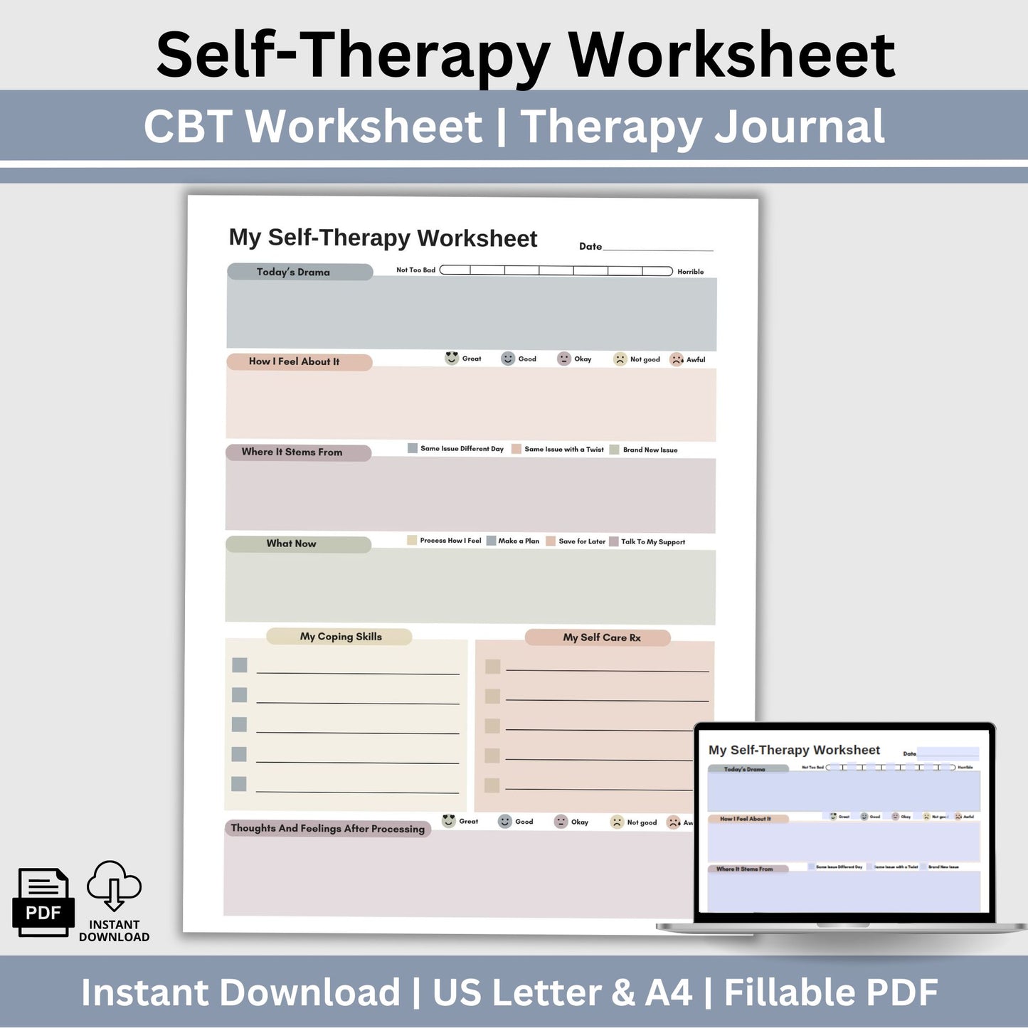 CBT worksheet for self-therapy, self-care, and processing anxiety and life stressors. This therapy journal page with structured prompts empowers you to process challenges, develop healthier thought patterns